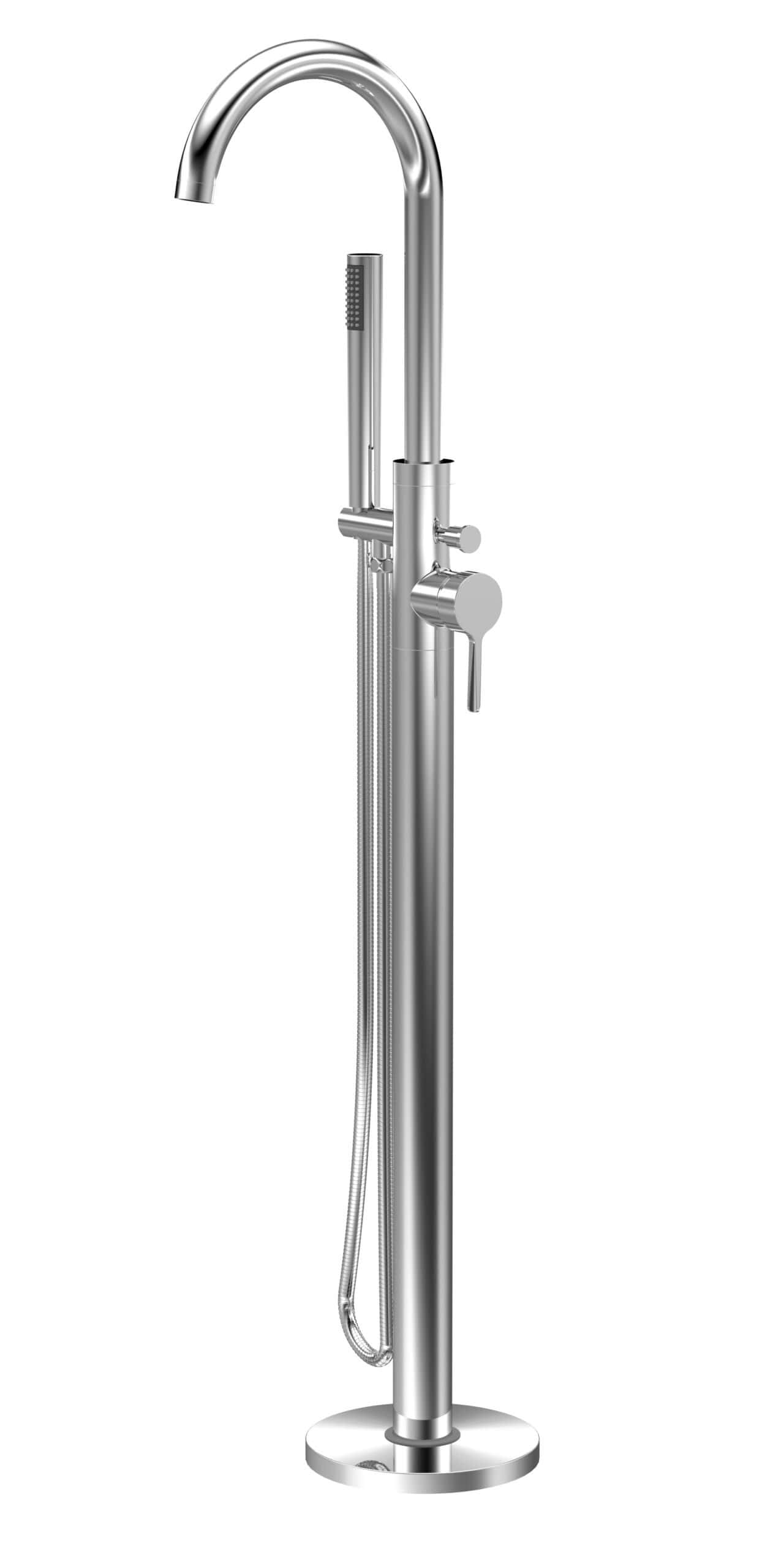 Polished chrome freestanding bathroom tap with handheld shower attachment, ideal for modern wet rooms and shower installations.
