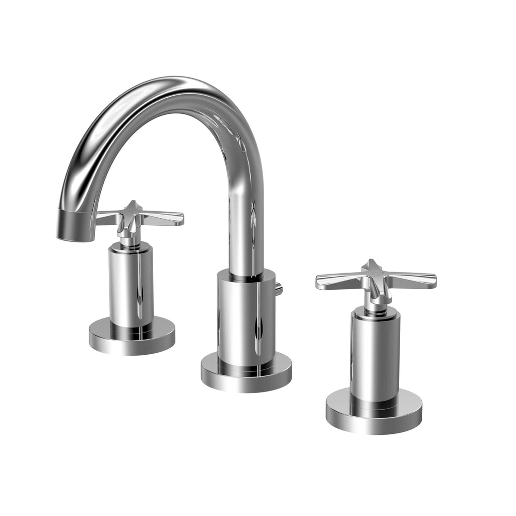 Shiny chrome bathroom mixer tap with cross handles and high arc spout on a white background.