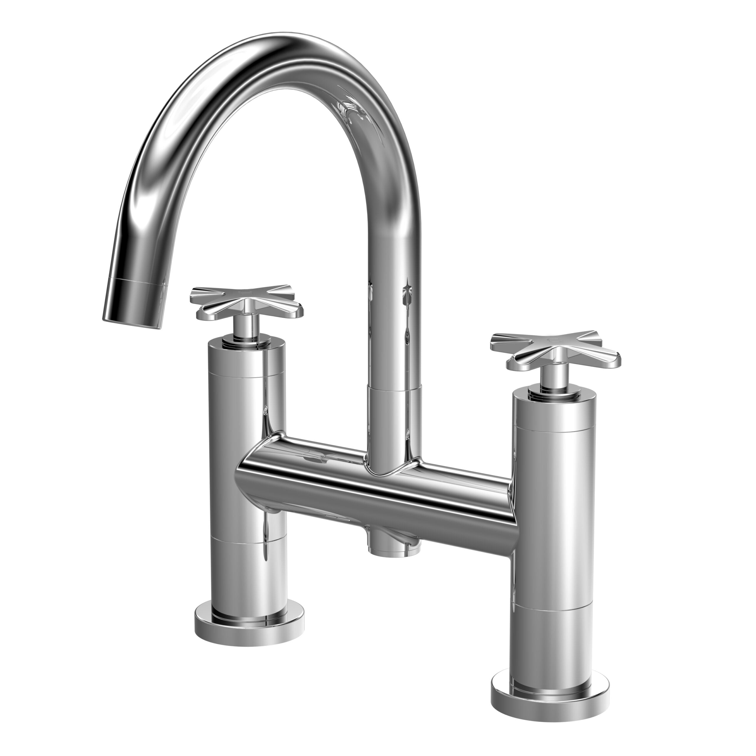 Sleek chrome kitchen tap with dual control handles and high arched spout, ideal for modern bathroom and kitchen renovation, combining style and functionality.