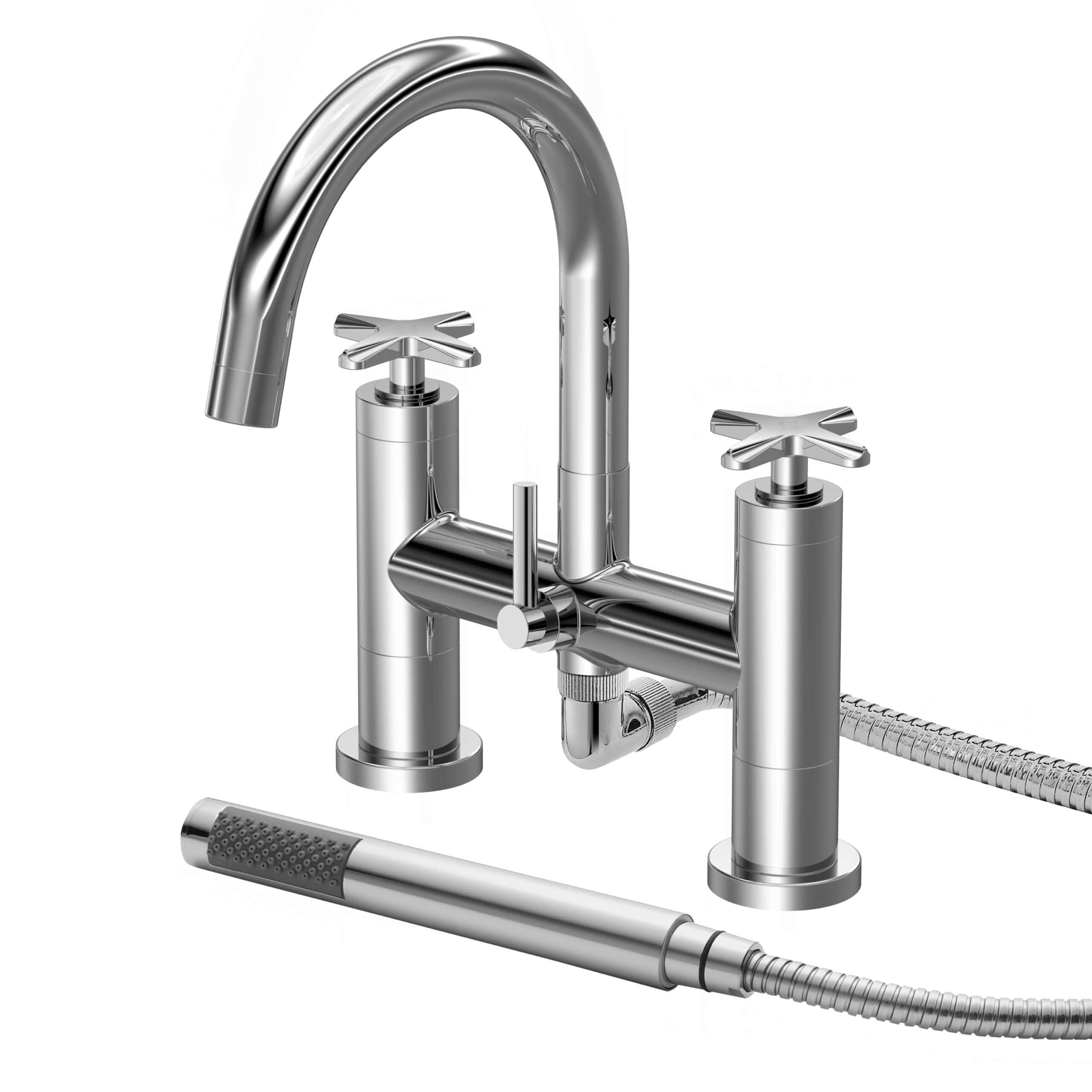 Chrome kitchen mixer tap with a flexible hose and dual cross handles, designed for modern bathroom or kitchen plumbing installations.