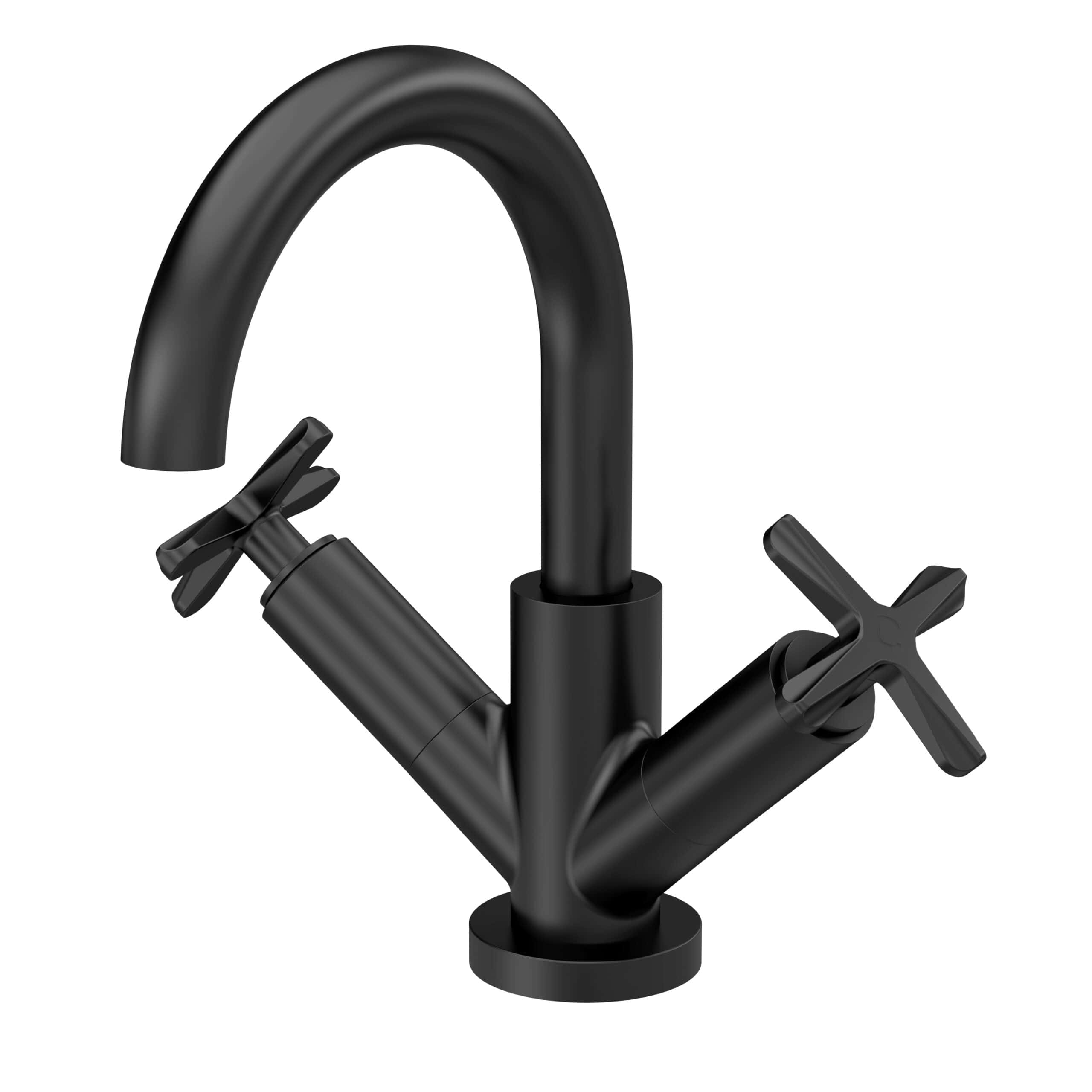 Sleek black modern kitchen sink faucet with dual control handles and a high-arc spout, perfect for stylish bathroom and kitchen upgrades.