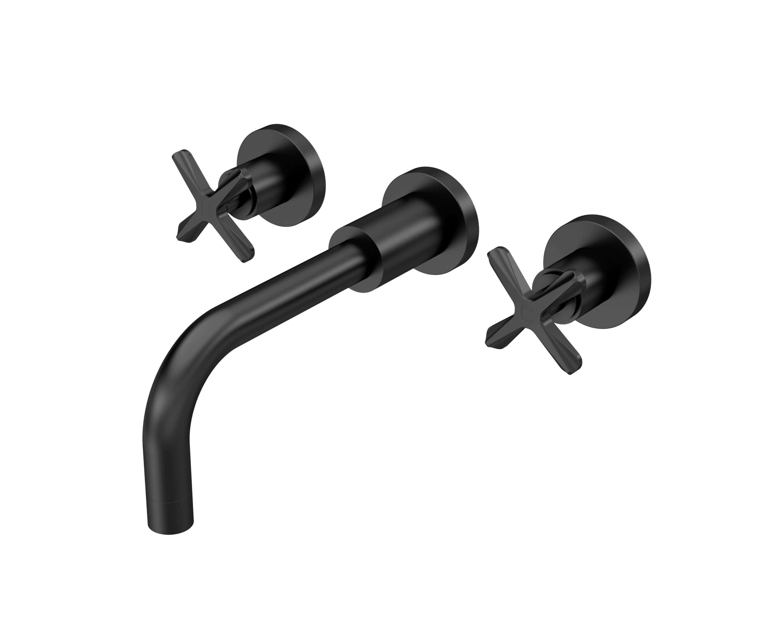 Sleek black wall-mounted bathroom tap with cross handles, modern design ideal for contemporary baths or sinks. Perfect for adding style and functionality to any bathroom remodel or renovation.