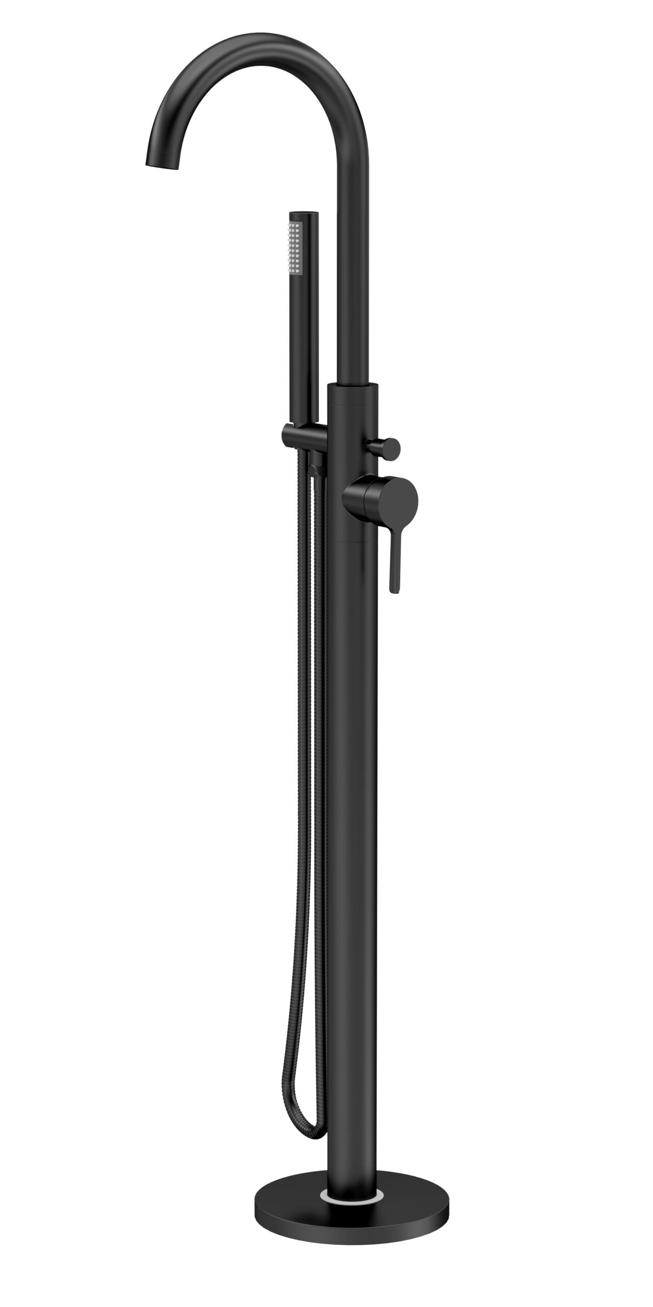 Black freestanding modern bathroom mixer tap with handheld shower and flexible hose for stylish and versatile bathroom plumbing solutions.