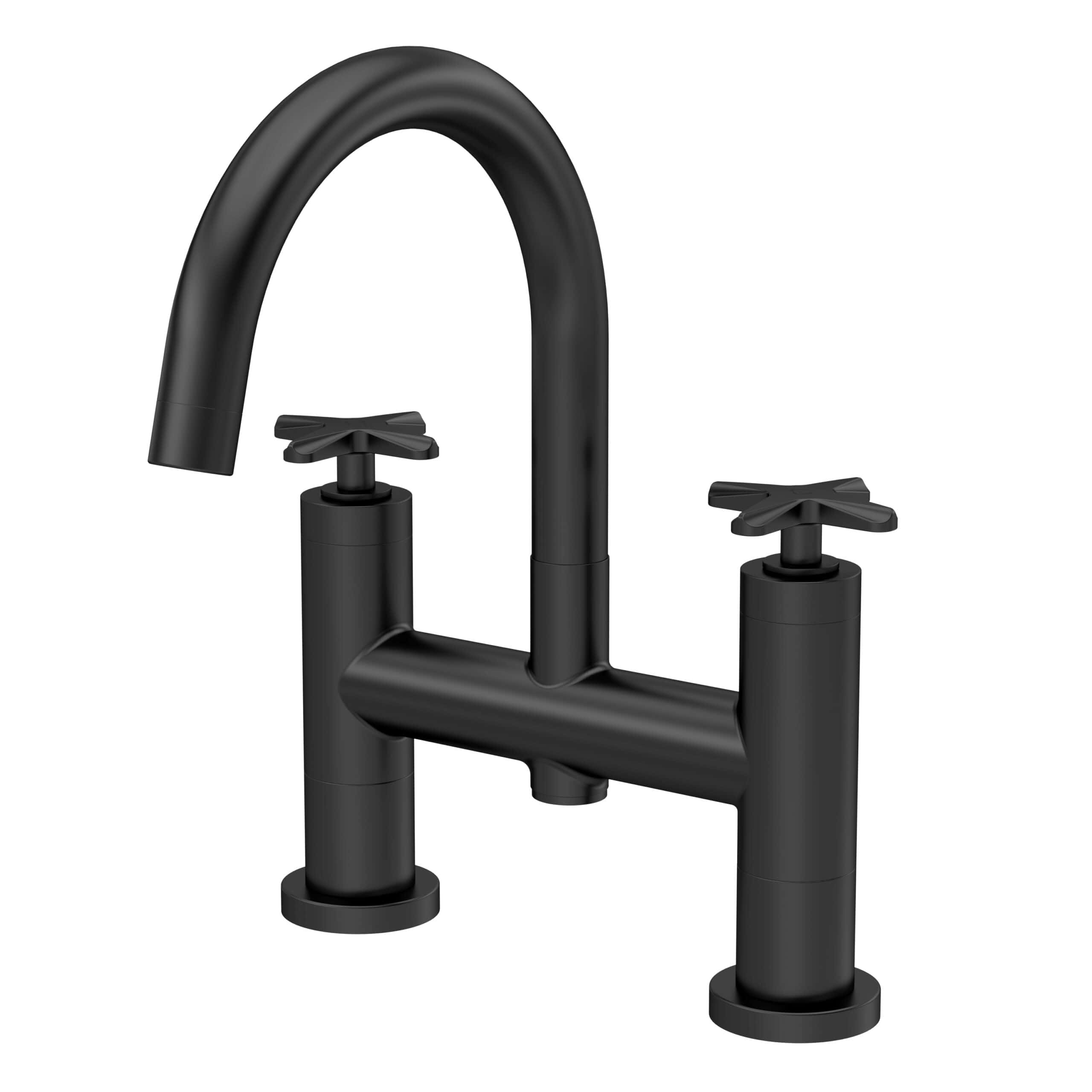 Black kitchen sink tap with dual handles – modern bathroom faucet from Bubly Bathrooms. Perfect for contemporary kitchen or bathroom sinks, combining style with functionality.