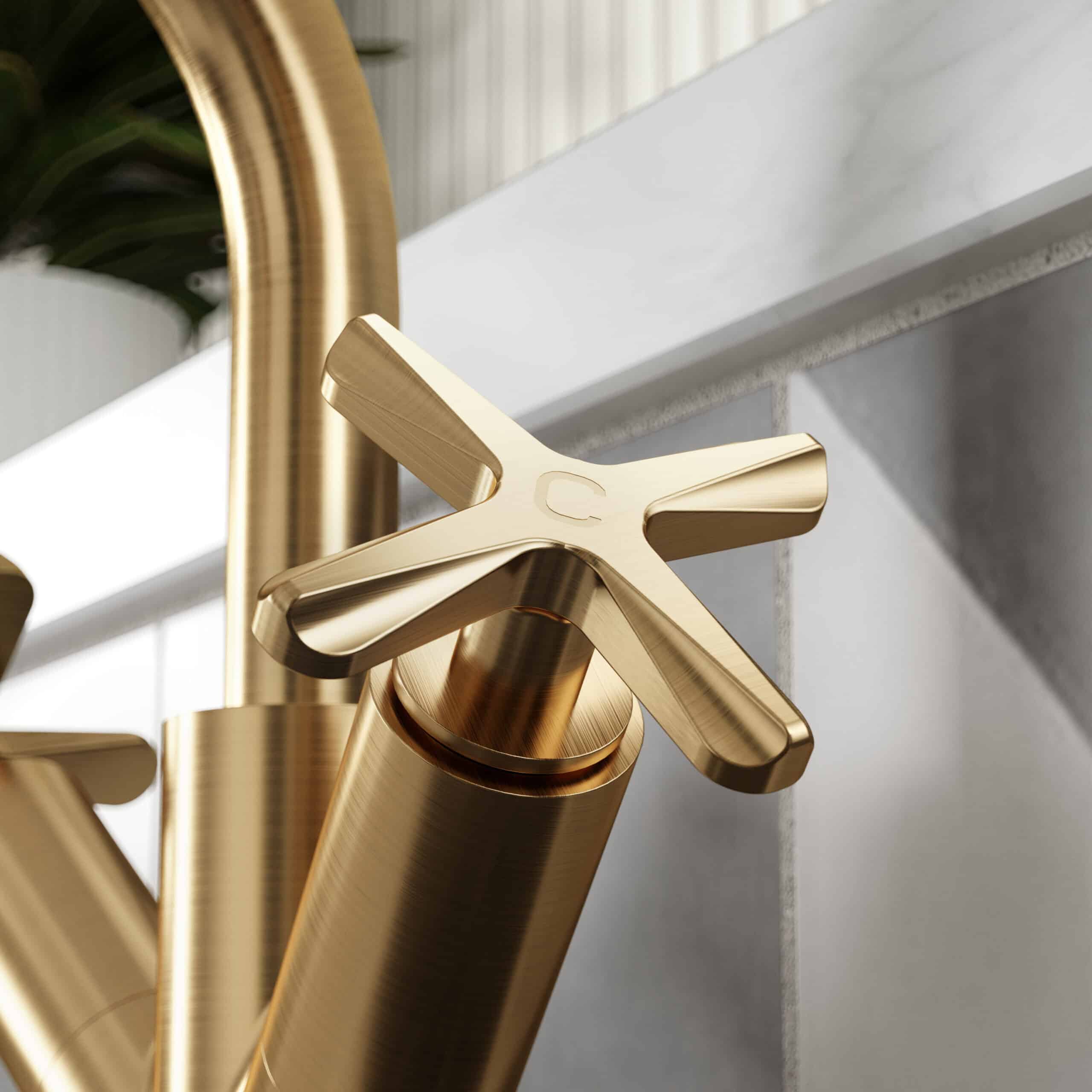 Luxurious gold bathroom tap with modern design, high-end fixtures, and stylish aesthetics for contemporary bathroom renovations.
