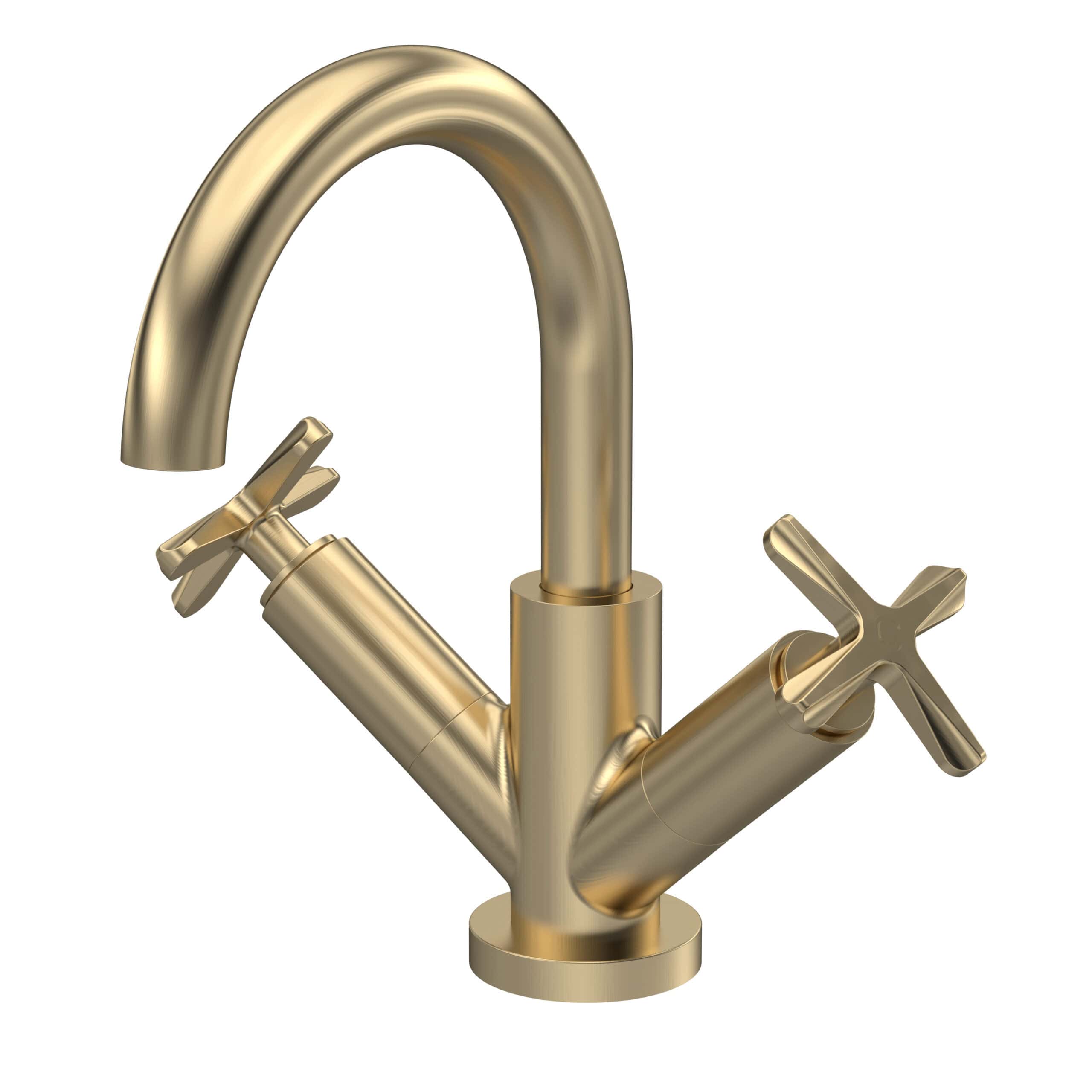 Brass kitchen tap with dual handles, modern design, and high-quality finish, ideal for contemporary bathroom and kitchen renovations. Perfect for stylish water fixtures.