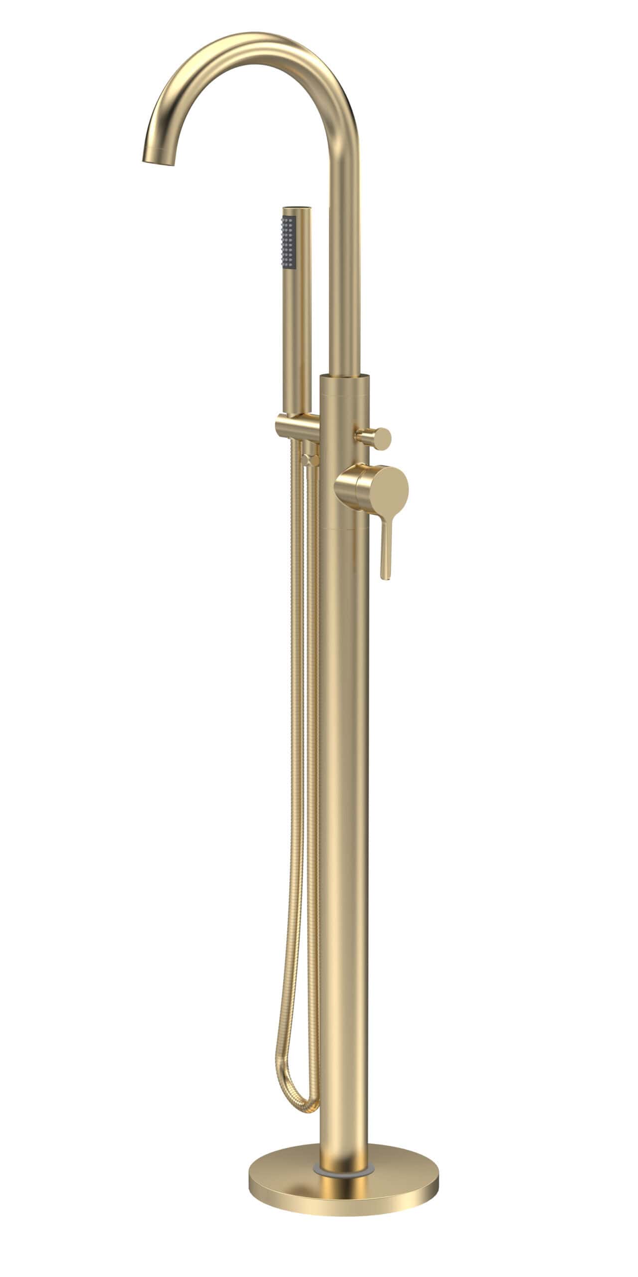 Polished gold freestanding bathtub filler and shower system with a handheld shower head, modern design, perfect for luxury bathroom renovation, from Bubly Bathrooms.