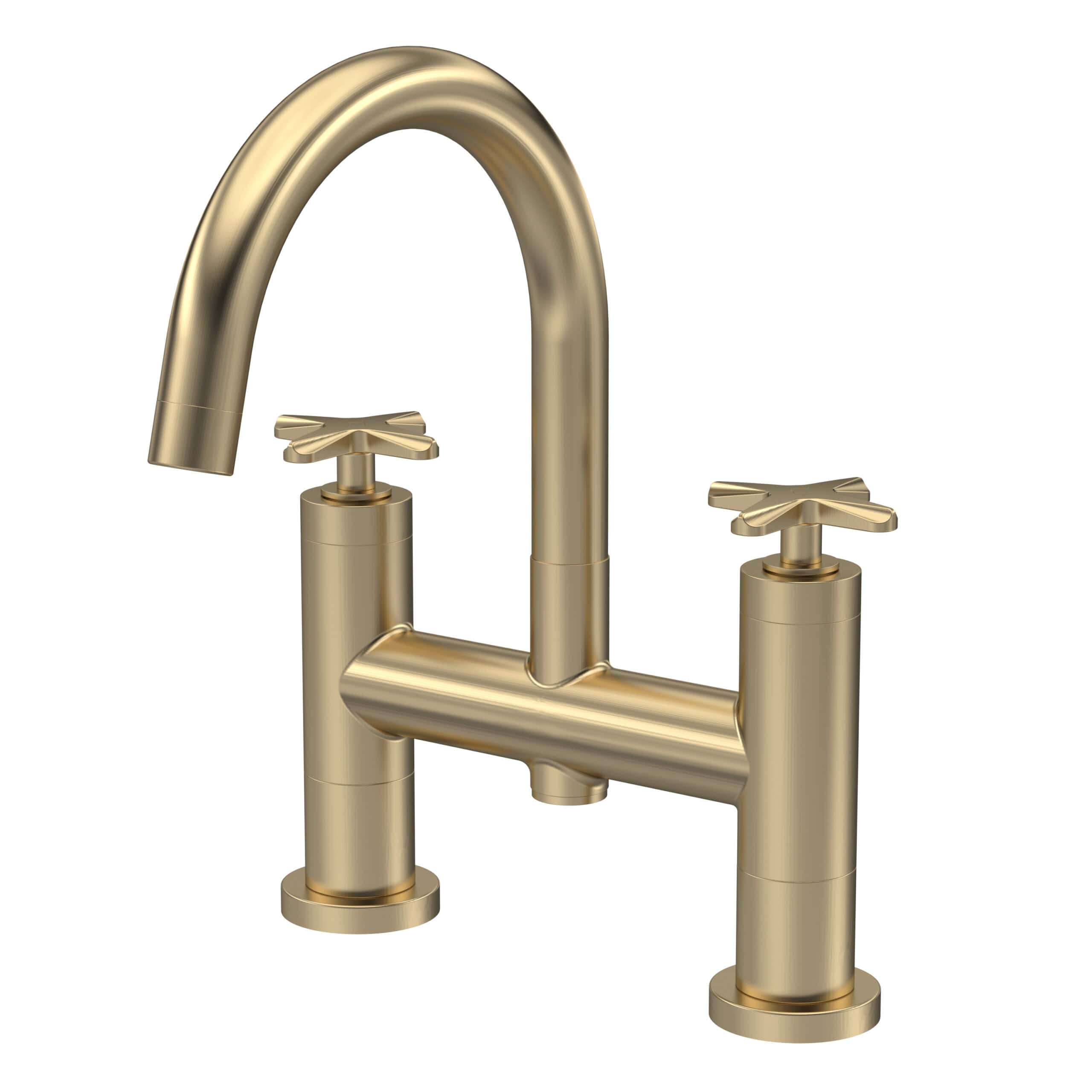 Polished gold bathroom mixer tap with two lever handles for modern bathroom design.