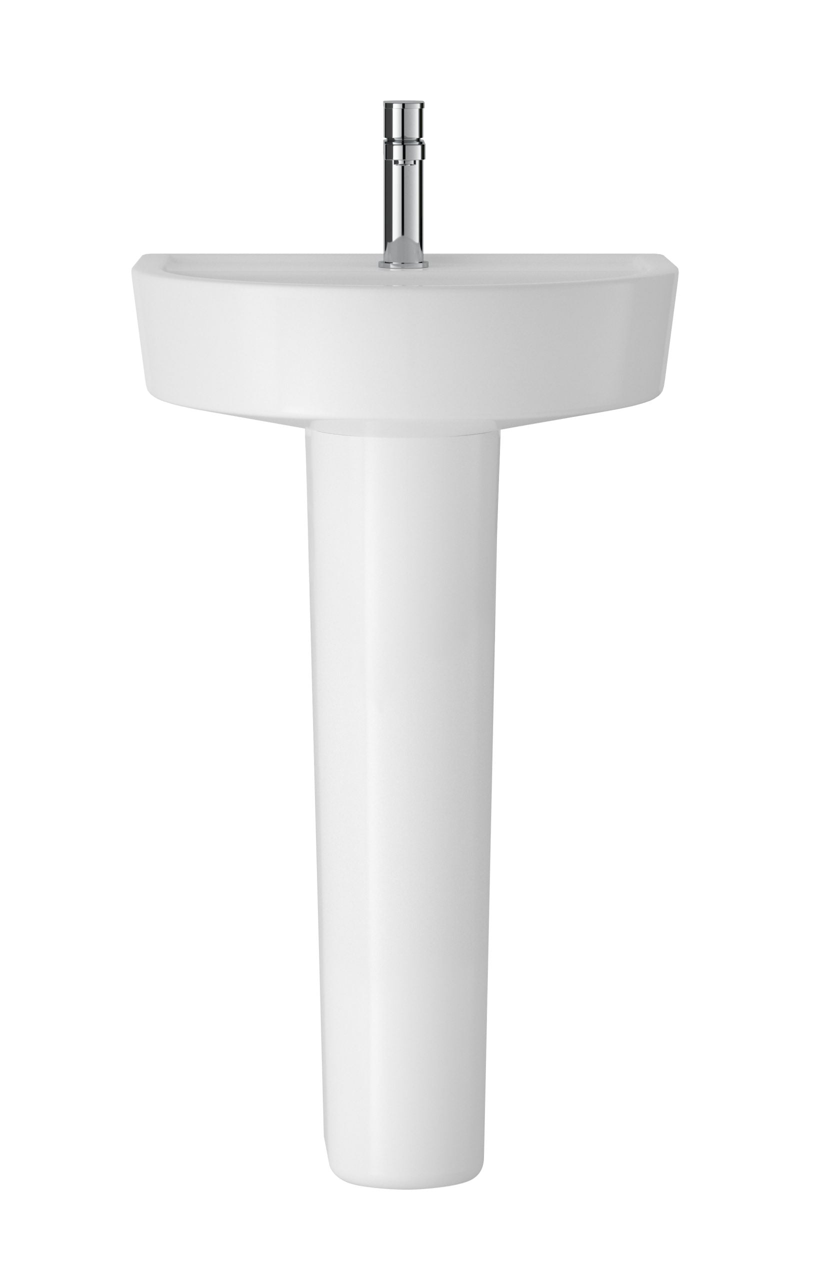 Sleek white bathroom pedestal sink with modern chrome tap, ideal for contemporary bathroom designs and fitted with durable ceramic basin. Perfect for stylish and functional bathroom decor.