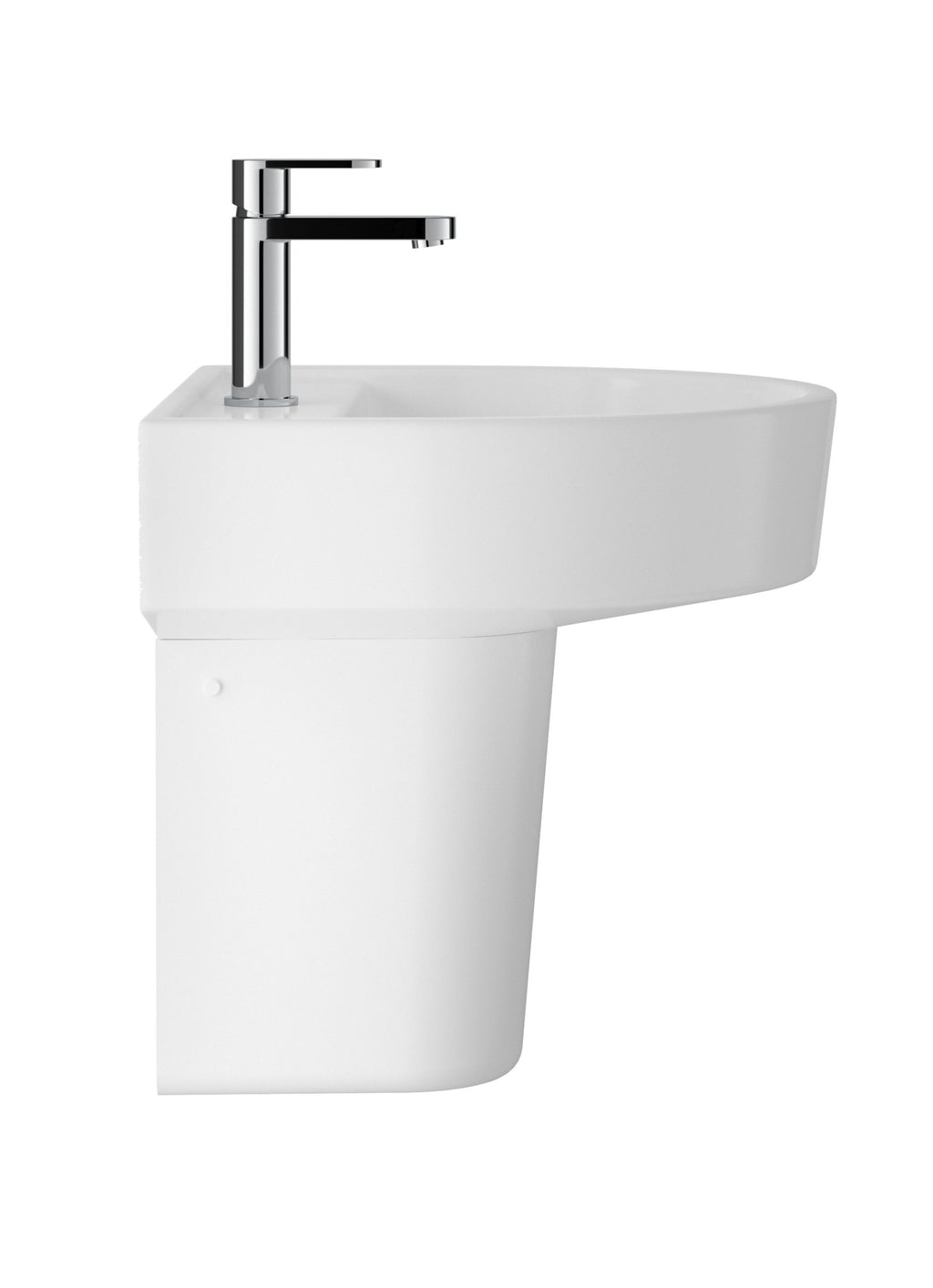 Sleek white bathroom sink with modern chrome tap, ideal for contemporary bathroom designs and accessories.