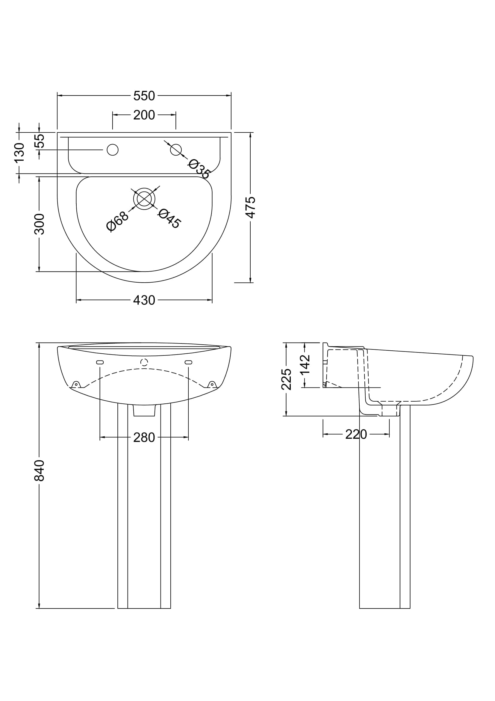 Elegant bathroom sink with precise measurements, designed for modern bathroom renovations, showcasing a classic sink basin with detailed plumbing dimensions.