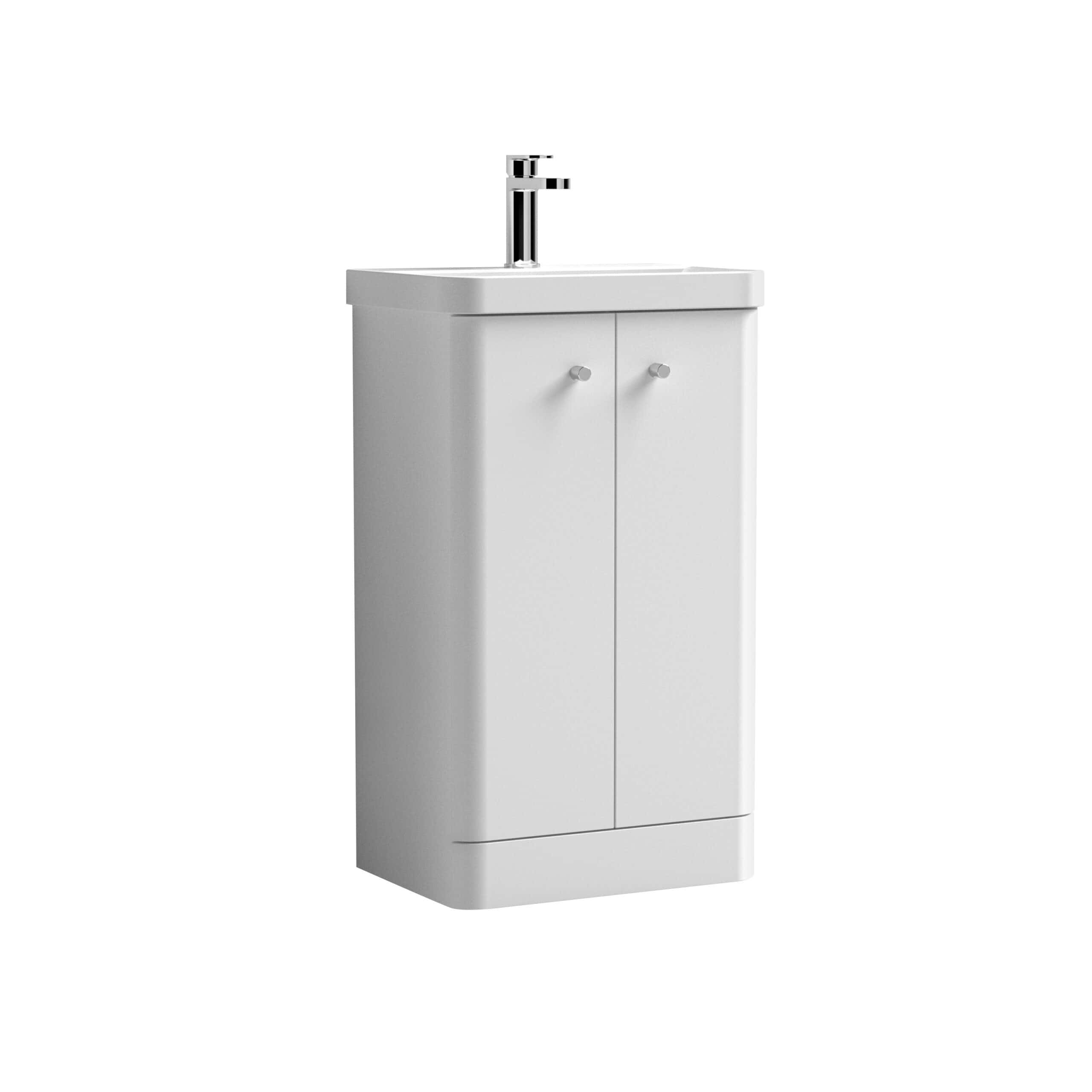 Sleek white bathroom vanity with integrated sink and modern chrome faucet, perfect for contemporary bathroom designs. Compact storage cabinet provides practicality and style.