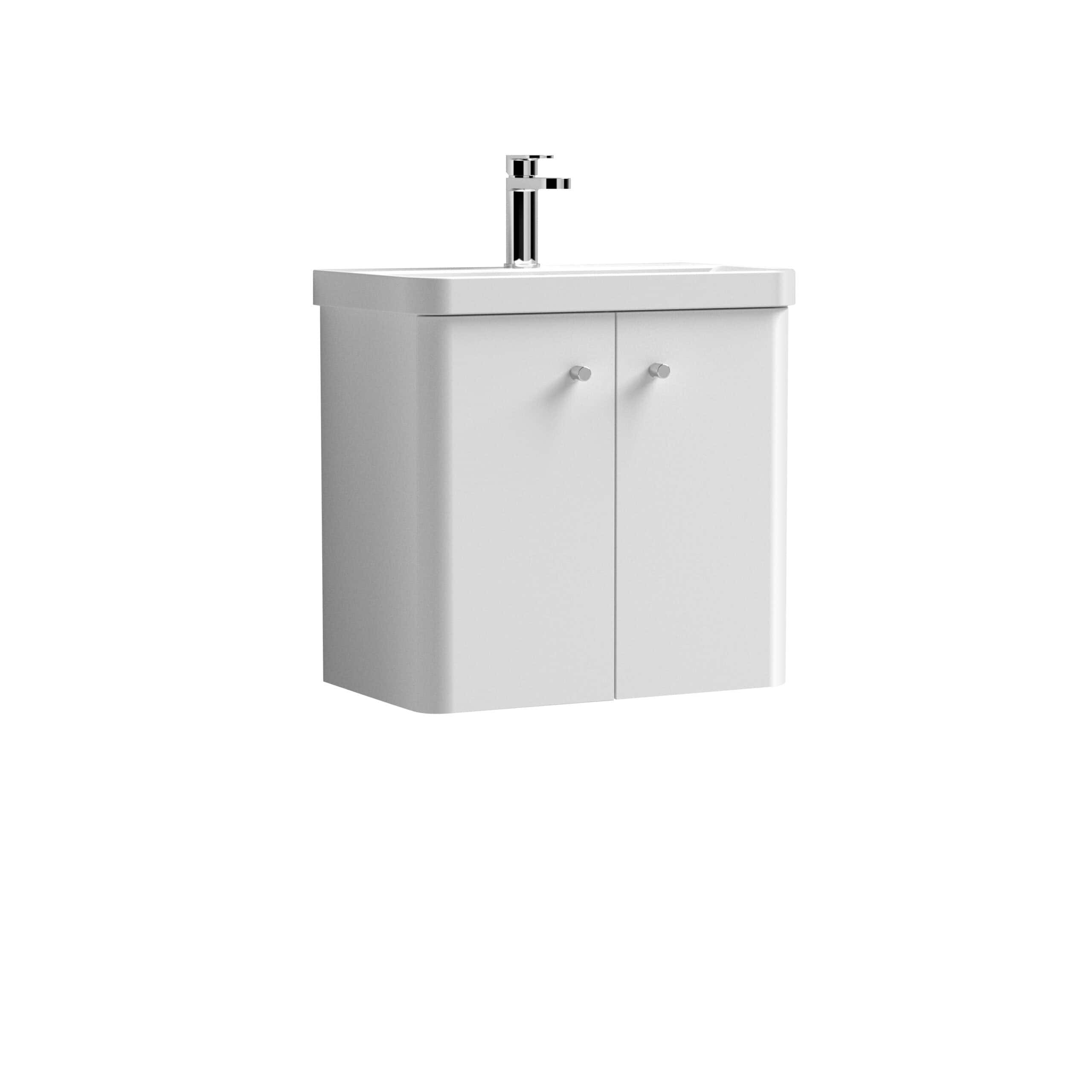 White bathroom vanity with sink and chrome faucet, modern bathroom furniture from Bubly Bathrooms in the UK.