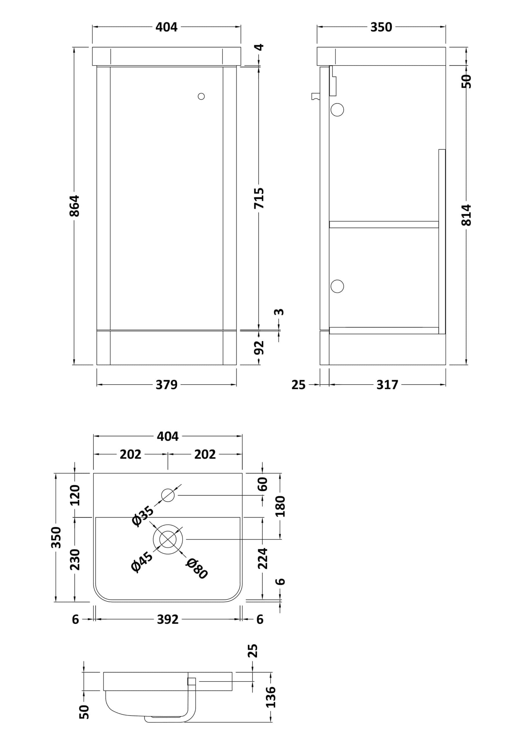 Sleek modern bathroom vanity cabinet with detailed technical dimensions, ideal for contemporary bathroom designs, featuring ample storage space and easy-to-access compartments.