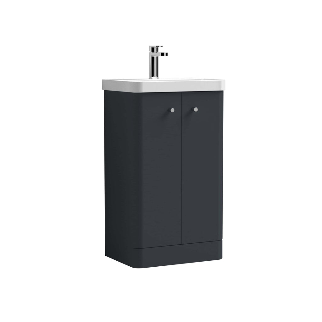 Sleek modern bathroom vanity unit with a white sink and chrome tap, perfect for contemporary bathrooms and compact spaces.