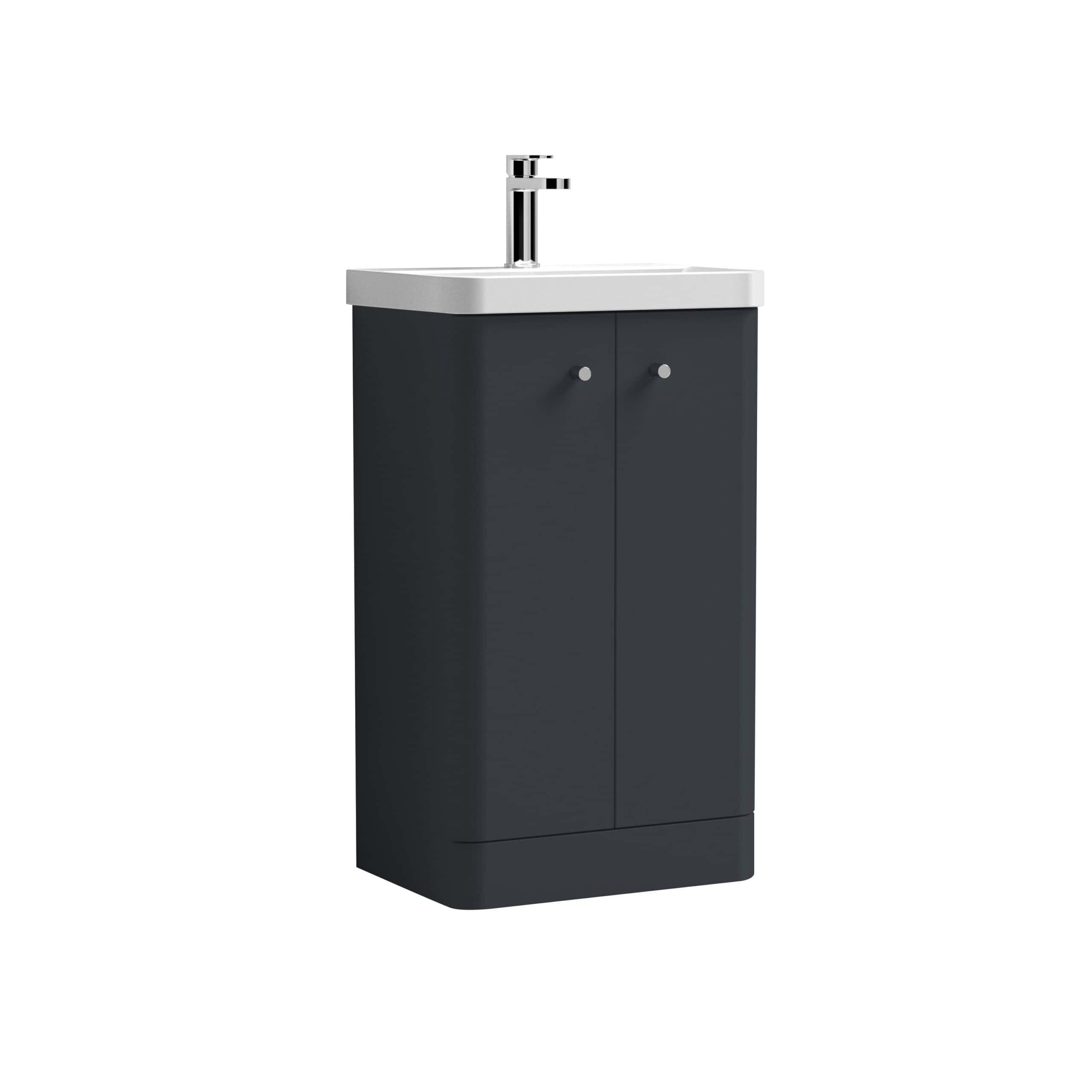 Sleek modern bathroom vanity unit with a white sink and chrome tap, perfect for contemporary bathrooms and compact spaces.