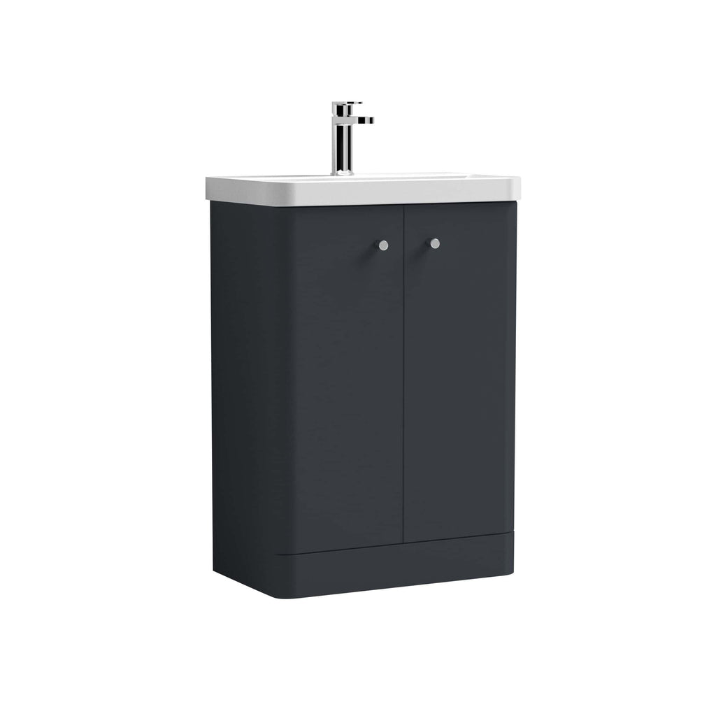Elegant bathroom vanity with white countertop and chrome faucet, ideal for modern bathroom interiors. Durable black cabinet with two doors offers convenient storage space.