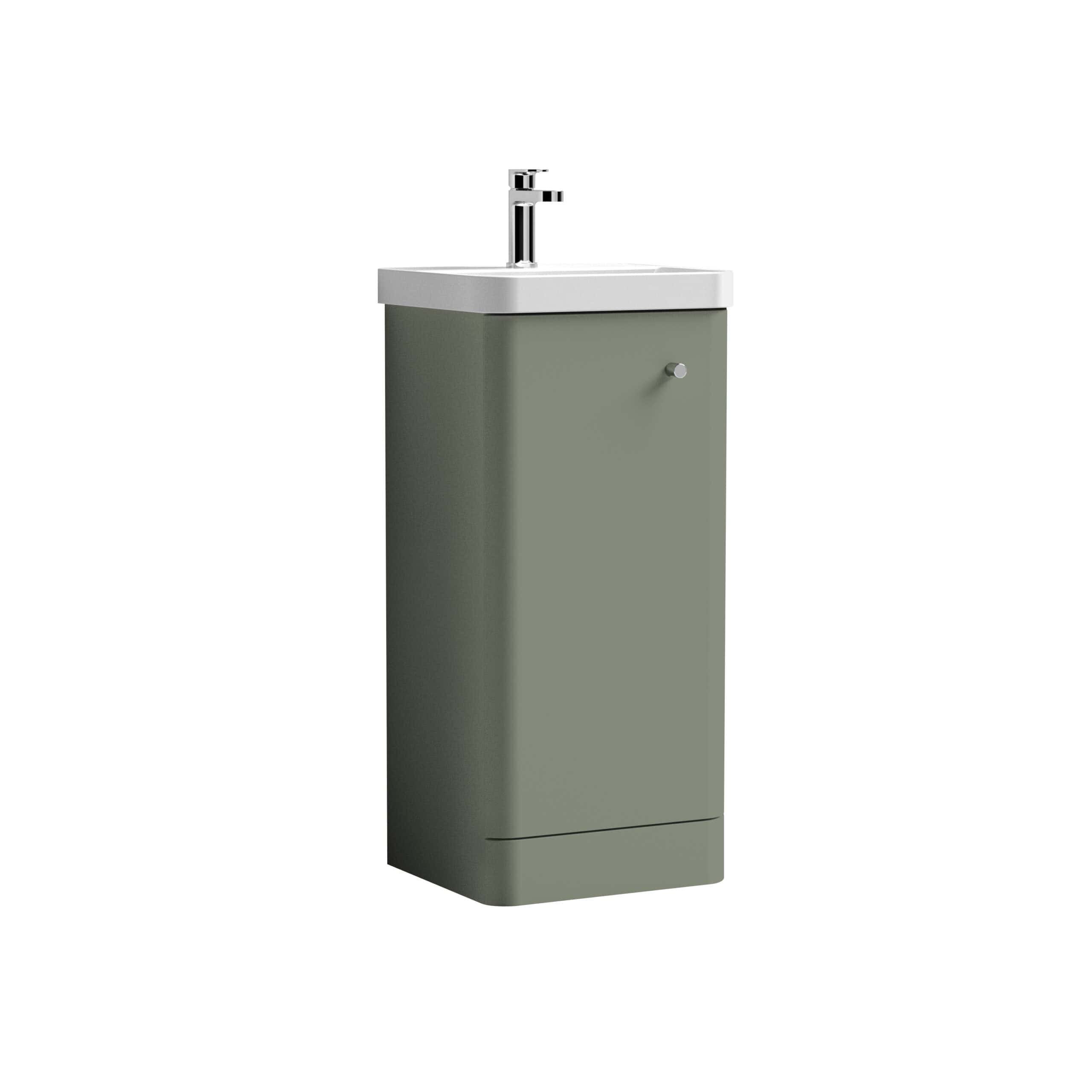 Compact bathroom sink with a built-in cabinet in sage green, featuring a modern chrome faucet and minimalist design, ideal for small bathrooms or powder rooms.