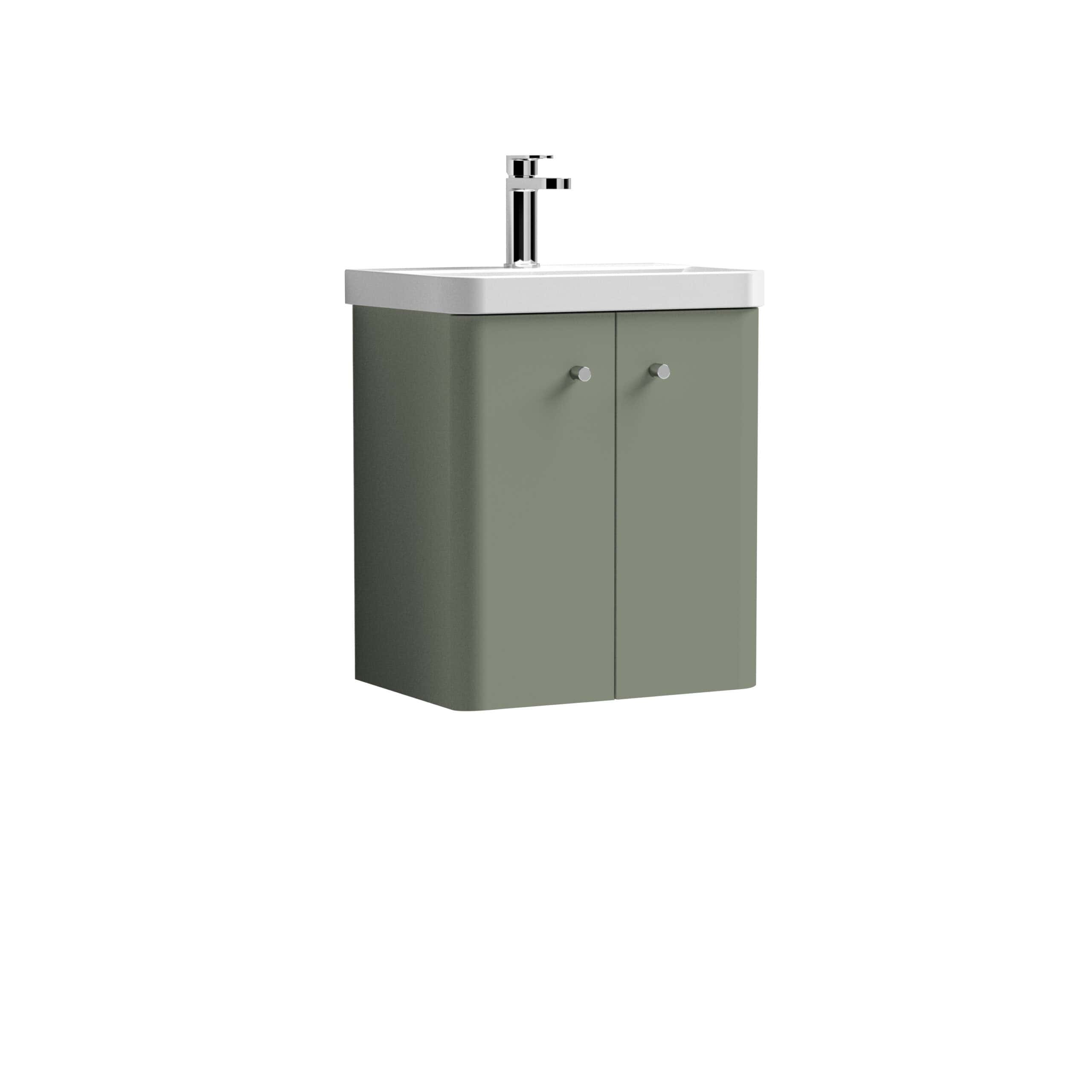 Modern grey bathroom vanity with integrated sink and chrome tap, ideal for contemporary bathroom designs.
