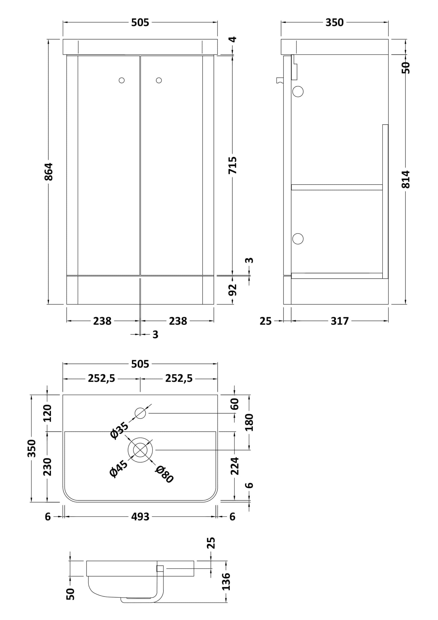 High-quality bathroom cabinet with detailed technical drawing, dimensions, and measurements for precise installation and modern bathroom design. Perfect for bespoke bathroom projects.
