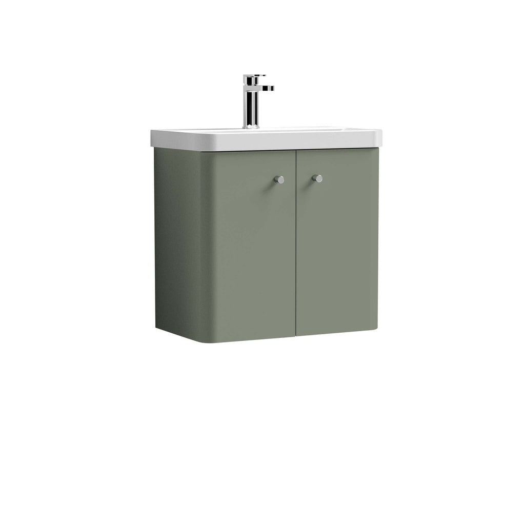Sleek bathroom vanity with a modern design featuring a green cabinet and a white sink with a chrome tap, ideal for contemporary bathroom interiors.