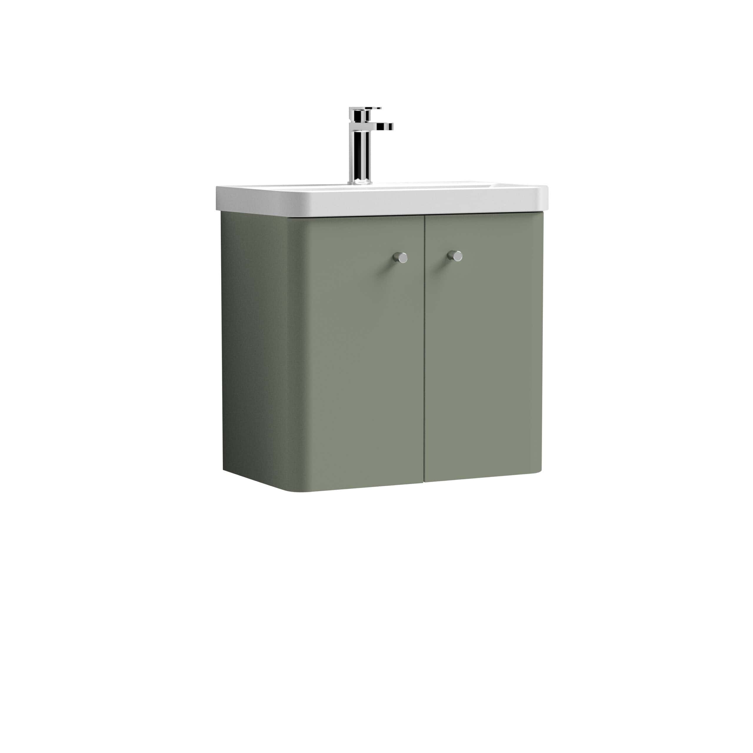 Sleek bathroom vanity with a modern design featuring a green cabinet and a white sink with a chrome tap, ideal for contemporary bathroom interiors.