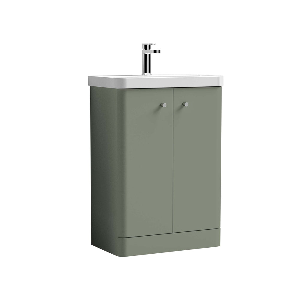 Modern bathroom vanity with a white sink and chrome tap in a muted green base cabinet. Perfect for contemporary bathroom storage solutions.
