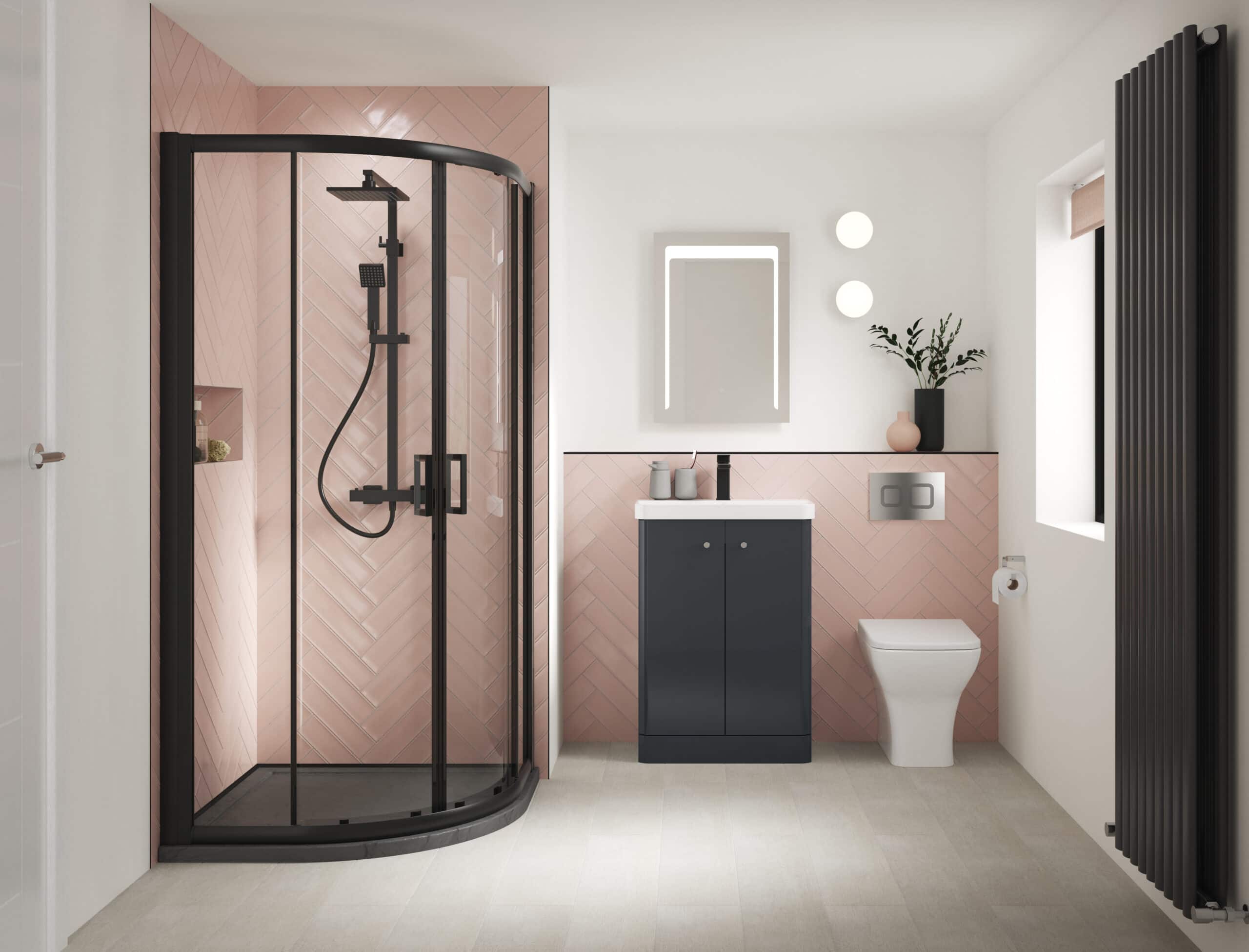 Modern bathroom with corner shower enclosure, sleek navy vanity, white toilet, stylish wall-mounted mirror, pink tiled wall, and black radiators for contemporary bathroom design.