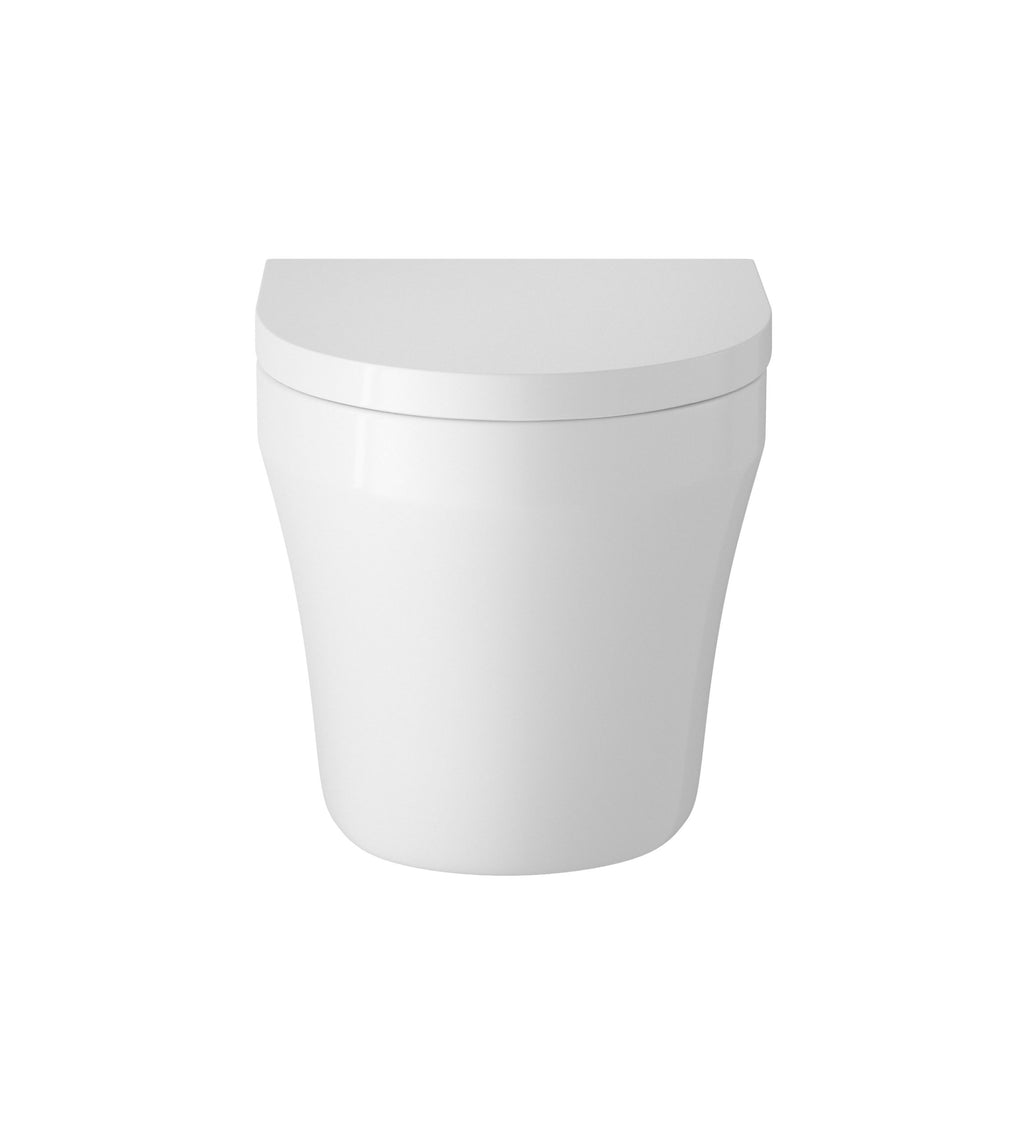 Sleek white modern toilet with soft-close lid for contemporary bathroom renovation.