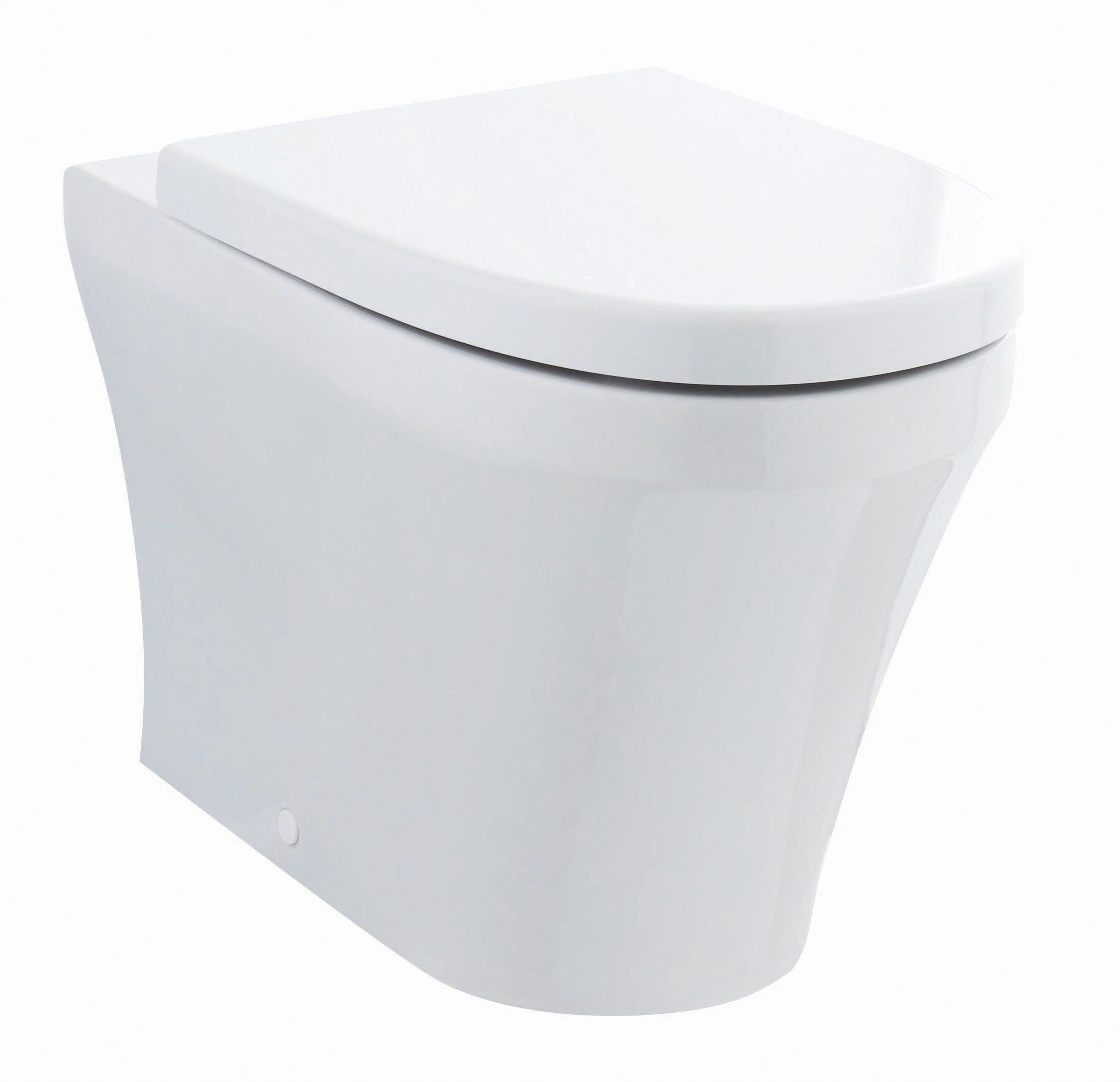 Modern white ceramic toilet with soft-close lid, ideal for contemporary bathrooms. Designed for comfort and space-saving functionality. Perfect for upgrading your bathroom suite.