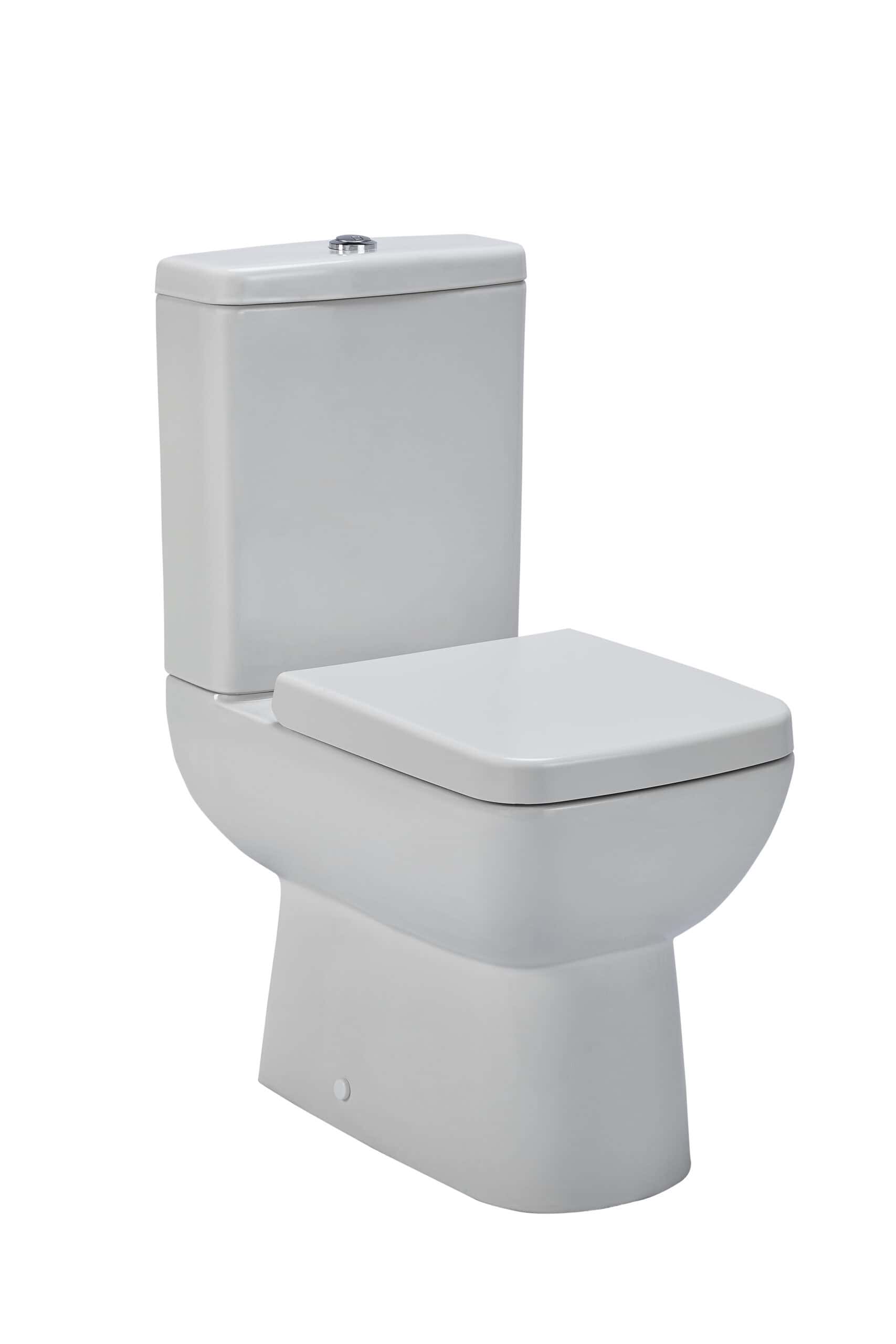 Sleek white close-coupled toilet with dual flush button, ideal for modern bathroom renovations and eco-friendly water saving.