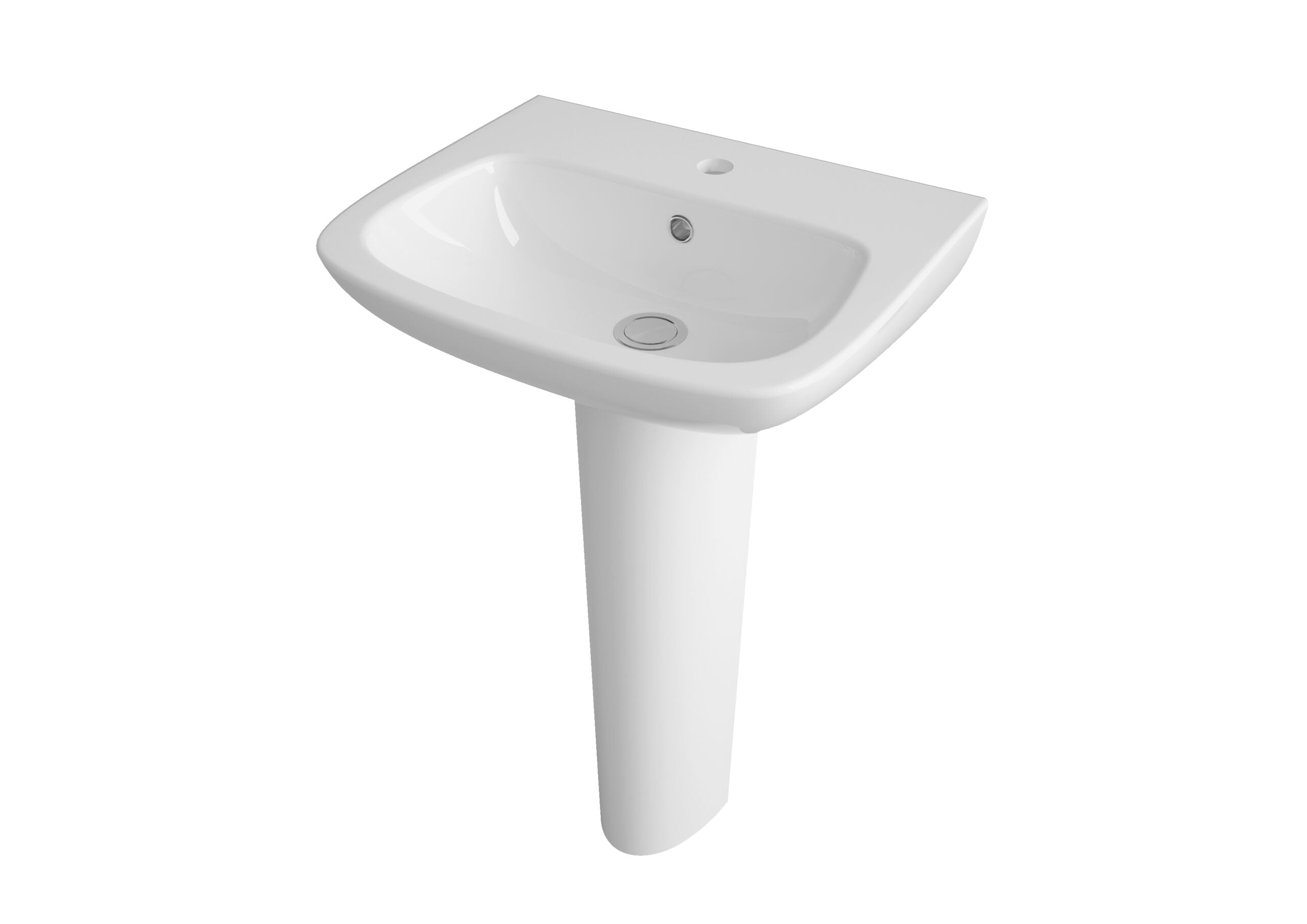 Polished white bathroom sink with single pedestal, modern design, ideal for contemporary bathrooms, featuring a smooth basin and chrome pop-up drain.