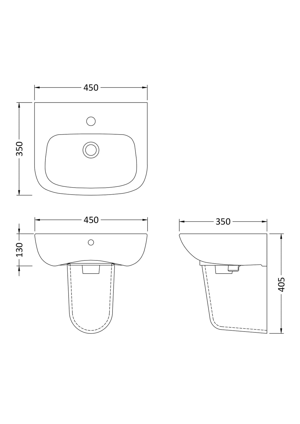 Contemporary bathroom sink layout with detailed dimensions for efficient space planning. Features front, side, and top views to assist in precise installation and design.
