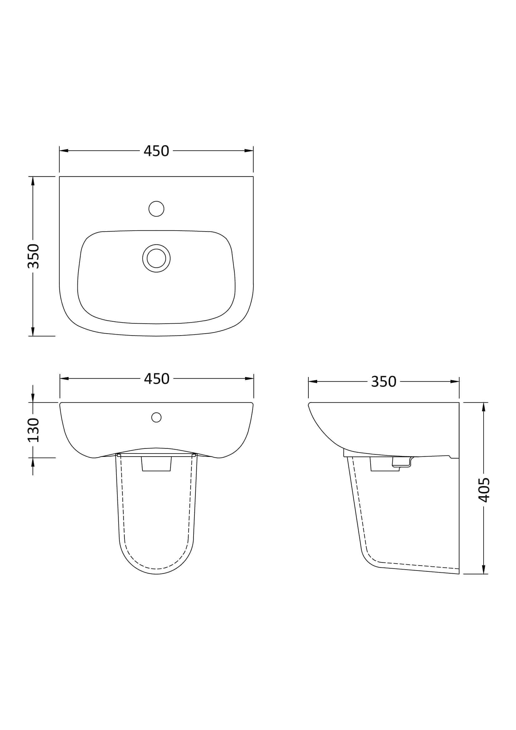 Contemporary bathroom sink layout with detailed dimensions for efficient space planning. Features front, side, and top views to assist in precise installation and design.