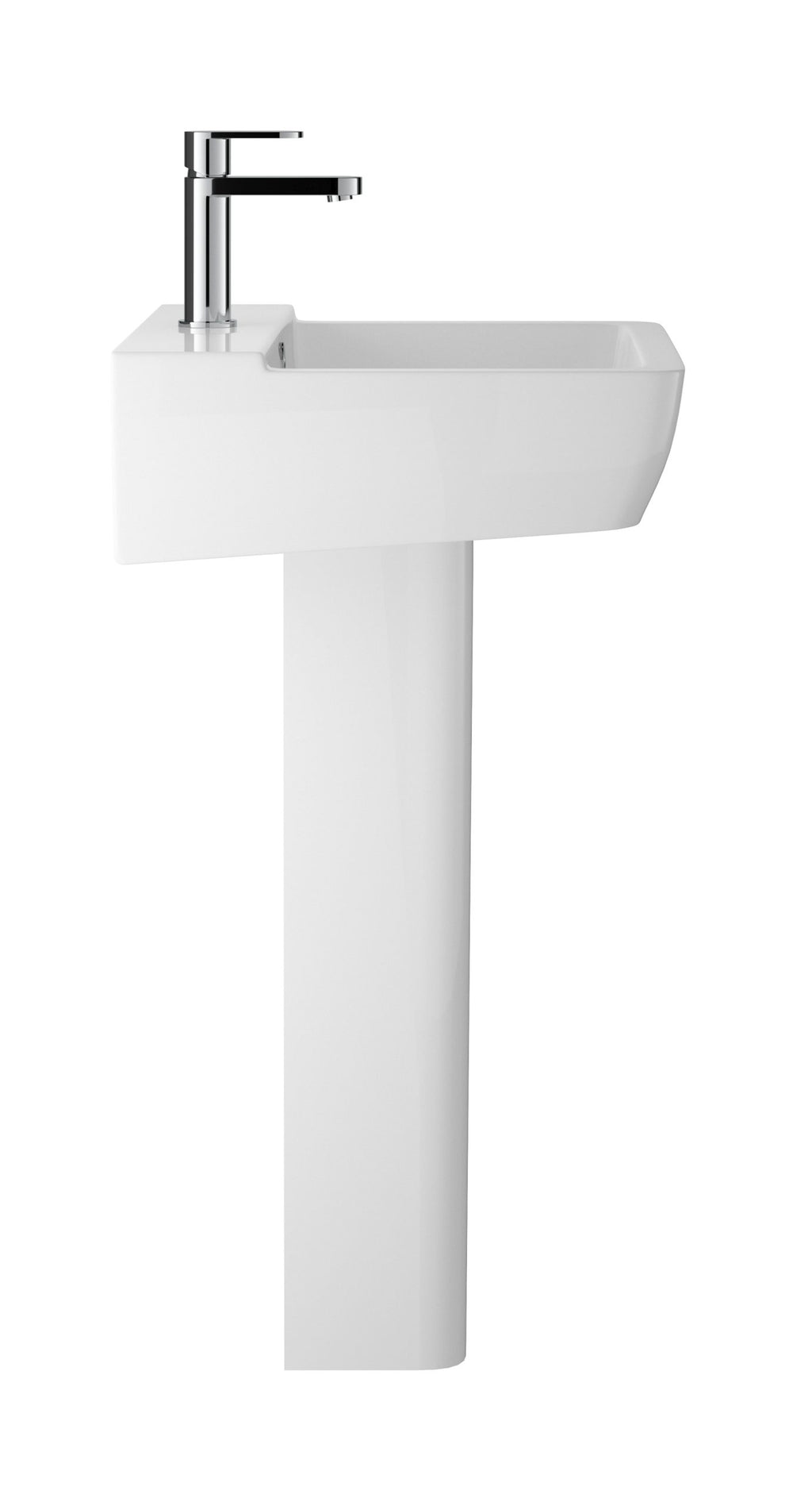 Contemporary white bathroom sink with sleek chrome tap on pedestal stand, perfect for modern bathroom vanity setups.