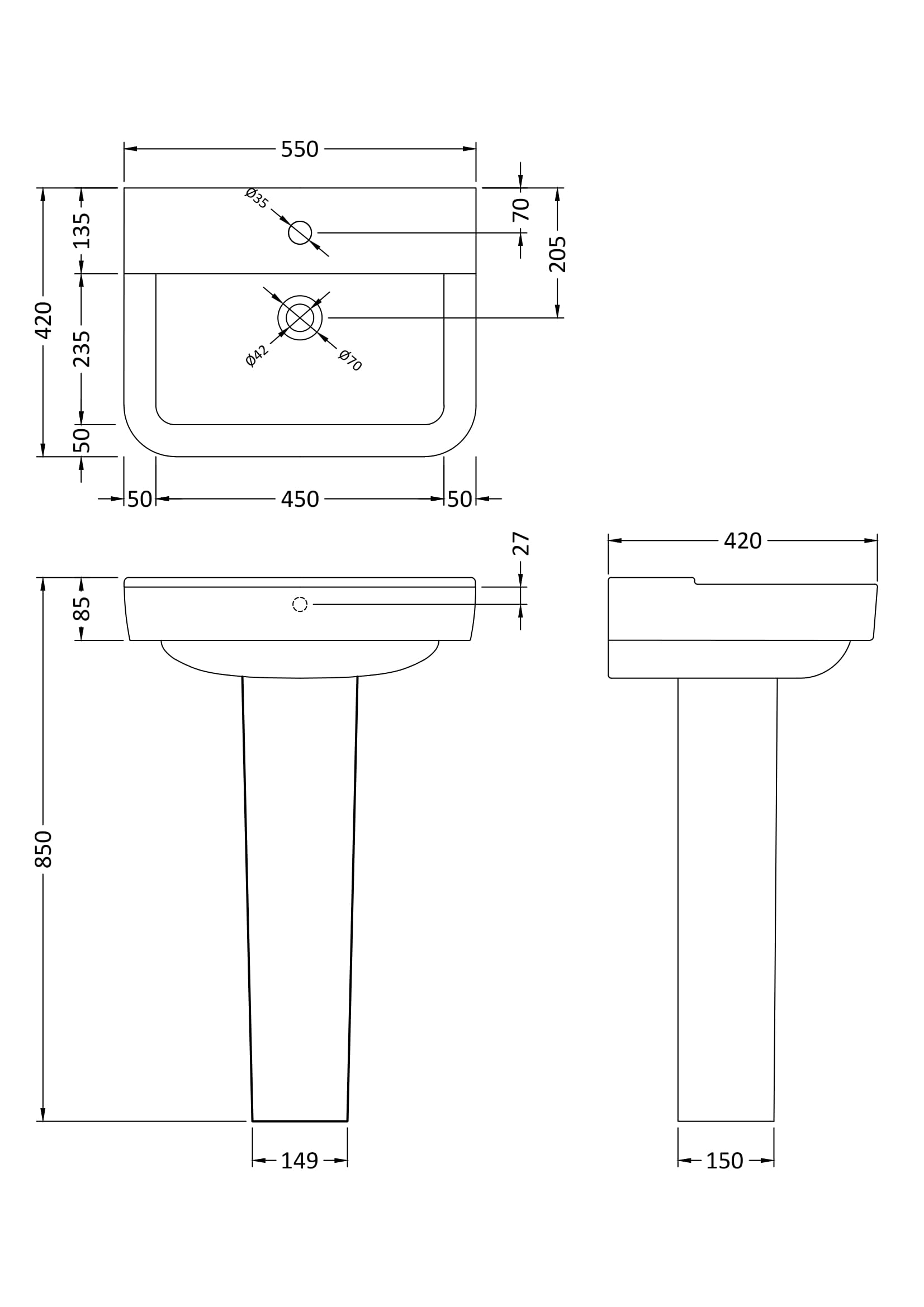 High-quality bathroom washbasin with precise technical dimensions, suitable for modern bathroom designs and renovation projects. Featuring detailed measurements for professional installation.