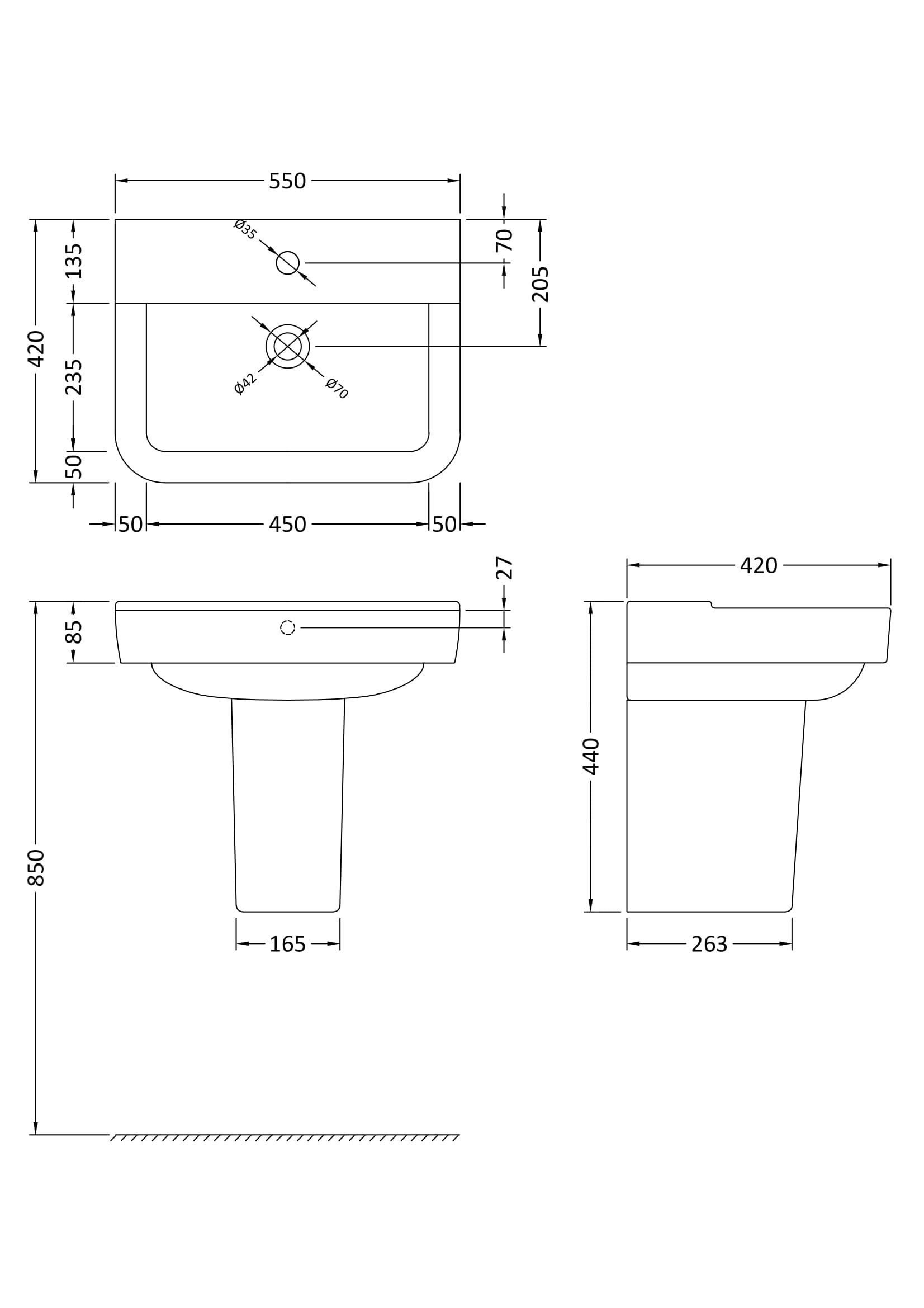 Elegant bathroom basin with detailed plumbing measurements, modern design suitable for contemporary bathrooms, featuring a spacious rectangular sink with a centre drain, and a streamlined side profile for efficient space utilisation.
