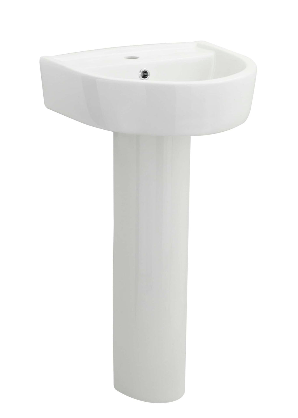 Shower sink with pedestal, modern white bathroom basin, ceramic washbasin with faucet hole, ideal for residential and commercial bathrooms, clean and sleek design.