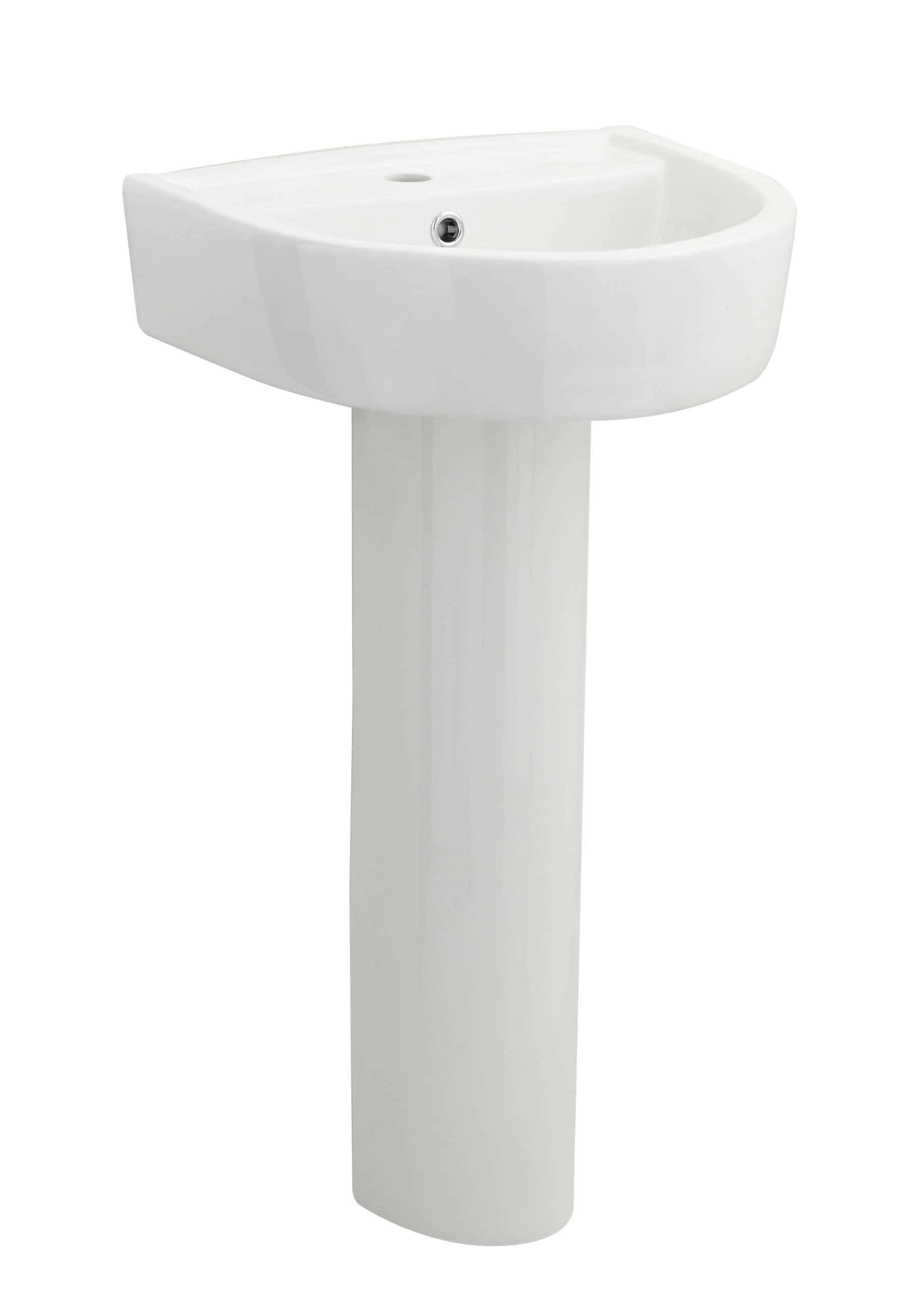 Shower sink with pedestal, modern white bathroom basin, ceramic washbasin with faucet hole, ideal for residential and commercial bathrooms, clean and sleek design.