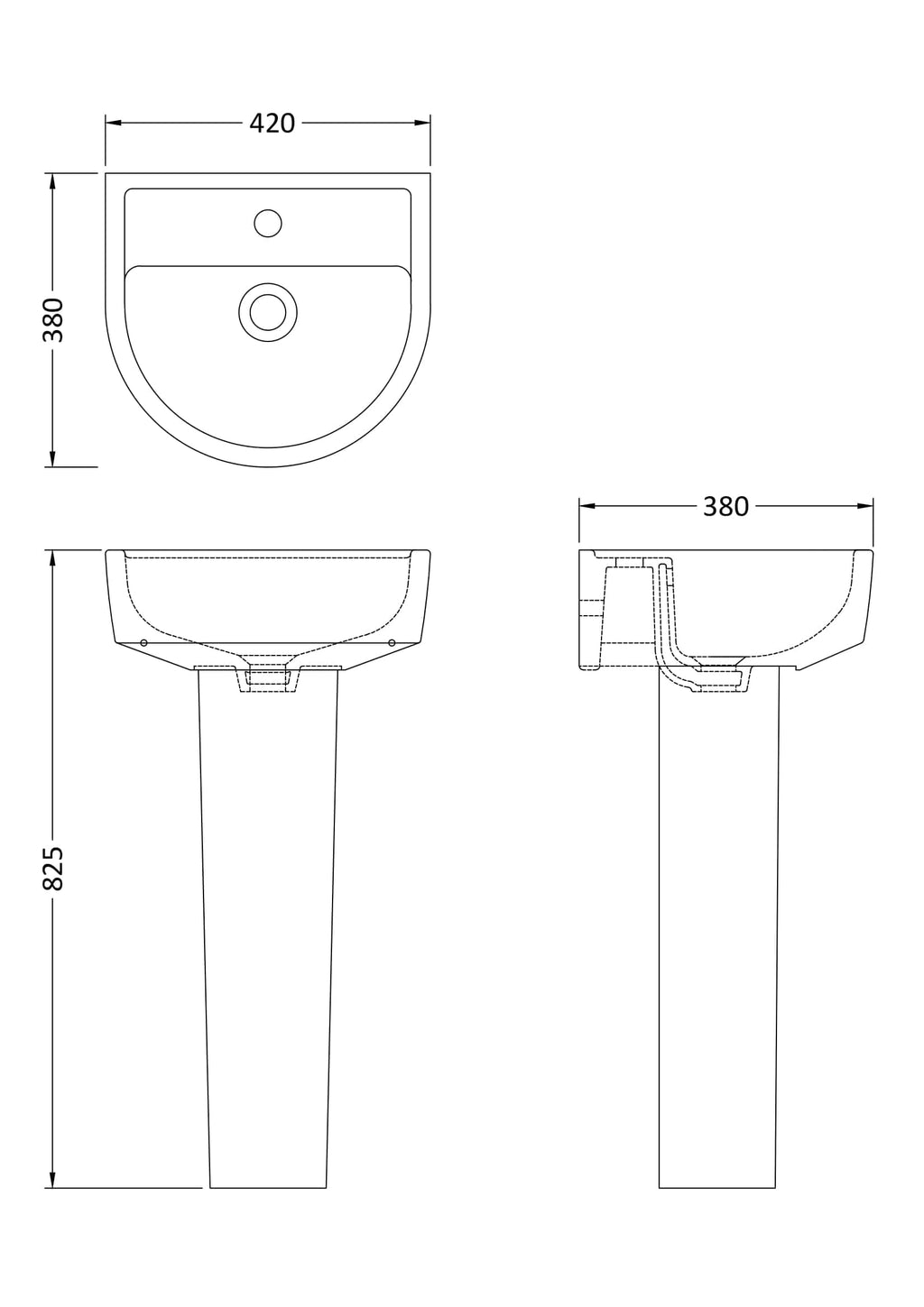 Sleek white bathroom sink with modern design, front view, and side profile. Dimensions provided for installation on bathroom vanity or wall-mounted setup. Ideal for contemporary bathrooms.
