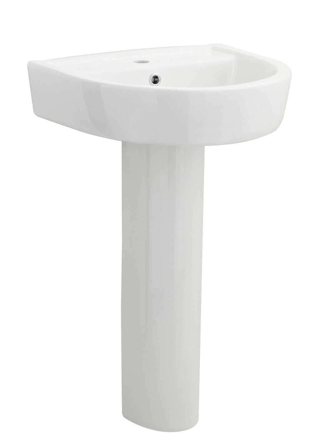 Sleek white pedestal bathroom sink with modern design, ideal for contemporary bathrooms, featuring durable ceramic construction and space-efficient style.
