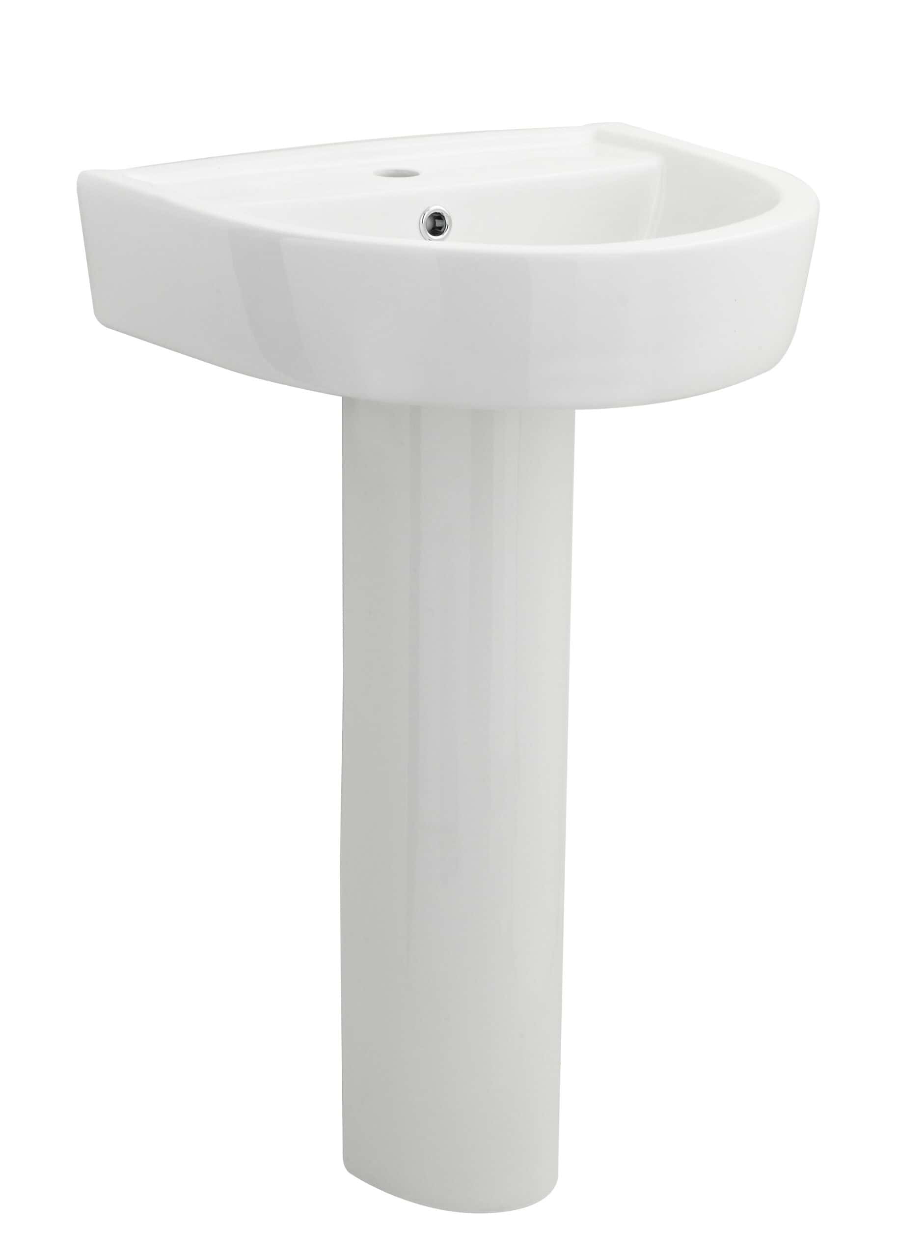 Sleek white pedestal bathroom sink with modern design, ideal for contemporary bathrooms, featuring durable ceramic construction and space-efficient style.