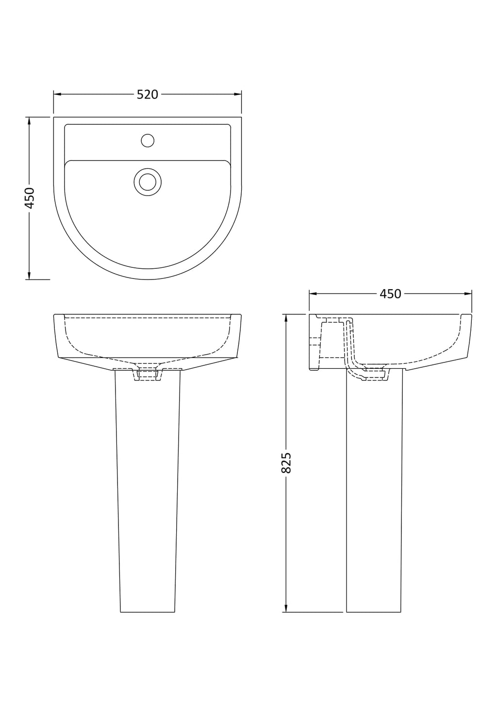 Modern bathroom washbasin with detailed technical drawing, dimensions 520mm x 450mm, featuring a pedestal design, ideal for contemporary bathroom renovations and plumbing installations.