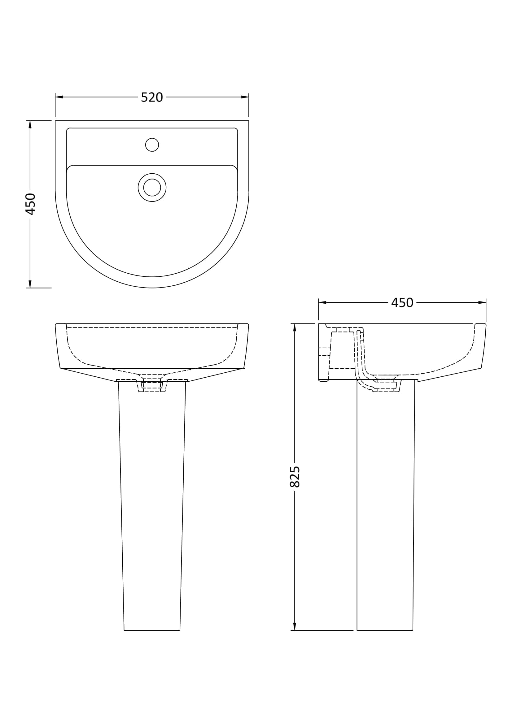 Modern bathroom washbasin with detailed technical drawing, dimensions 520mm x 450mm, featuring a pedestal design, ideal for contemporary bathroom renovations and plumbing installations.