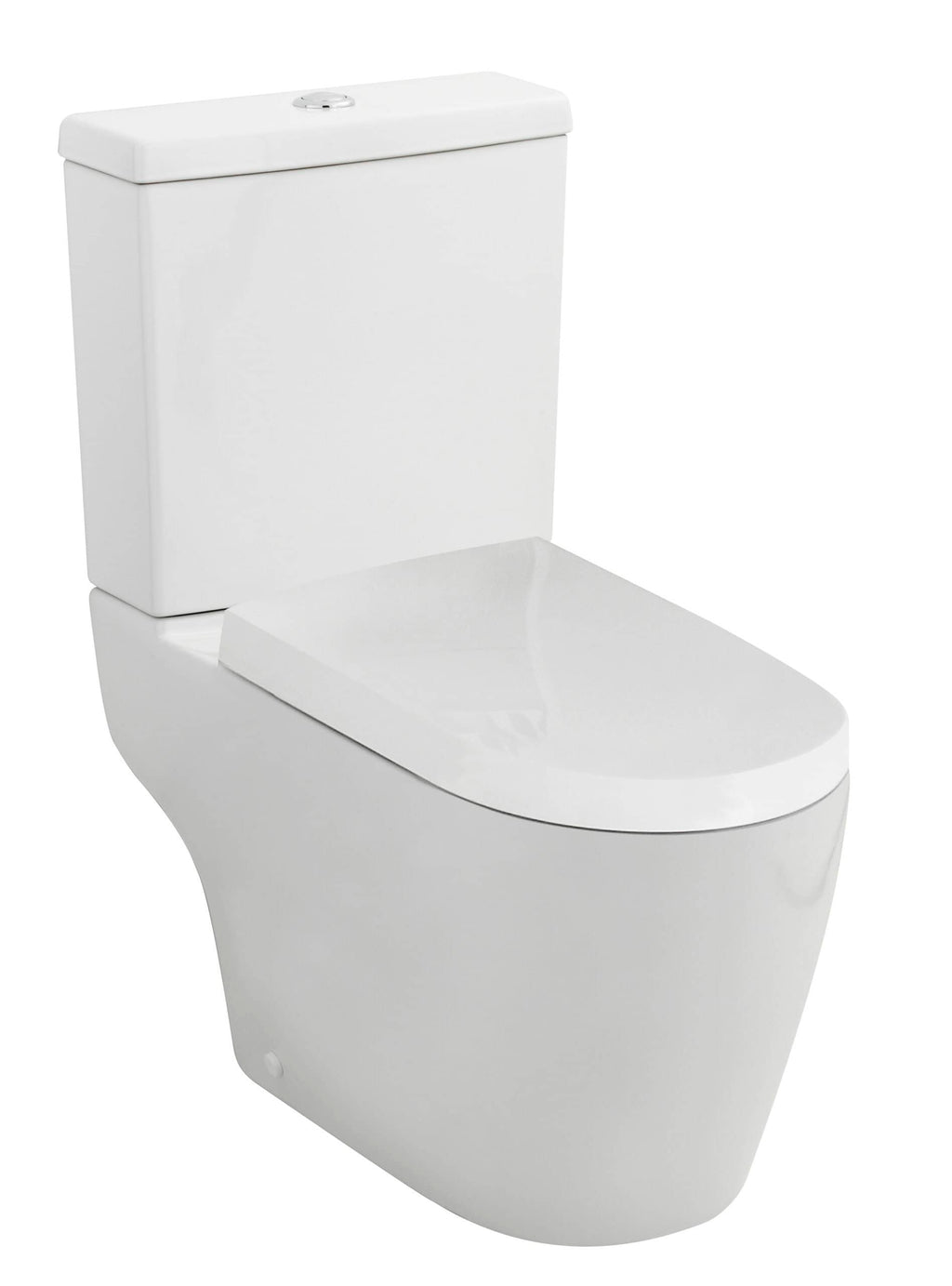 Sleek modern white toilet with dual flush system, ideal for contemporary bathrooms and water efficiency.
