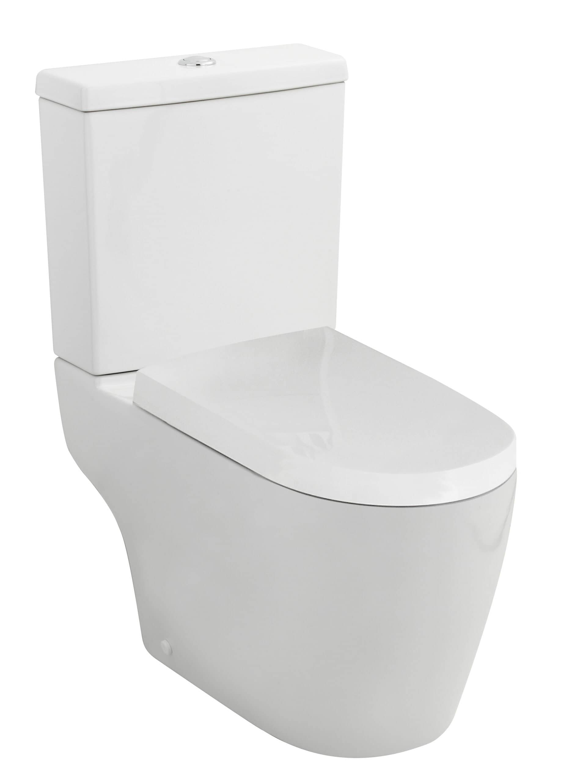 Sleek modern white toilet with dual flush system, ideal for contemporary bathrooms and water efficiency.