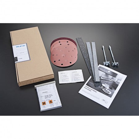 Replacement parts and installation kit for Bubly Bathrooms, including sanding discs, mounting brackets, and hardware for bathroom fixtures.