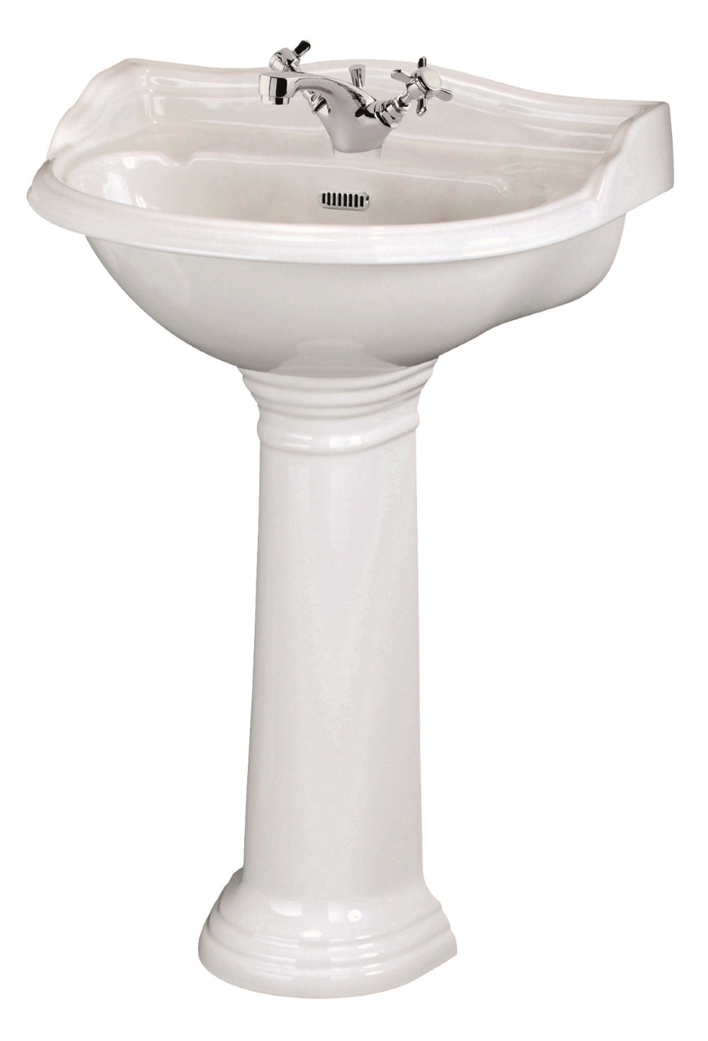 Ceramic bathroom pedestal sink with chrome faucet, white classic bathroom washbasin, traditional plumbing fixture for bathroom decor, vintage style washstand, high-quality ceramic material.
