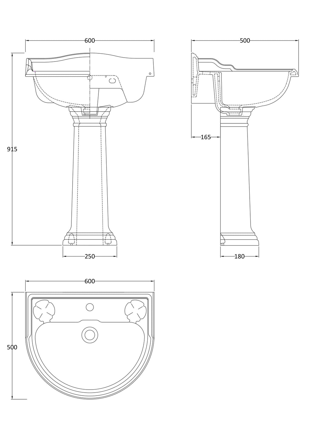 Elegant bathroom pedestal washbasin with modern design, 600mm wide, ideal for stylish bathroom renovations, made from high-quality materials for durability.