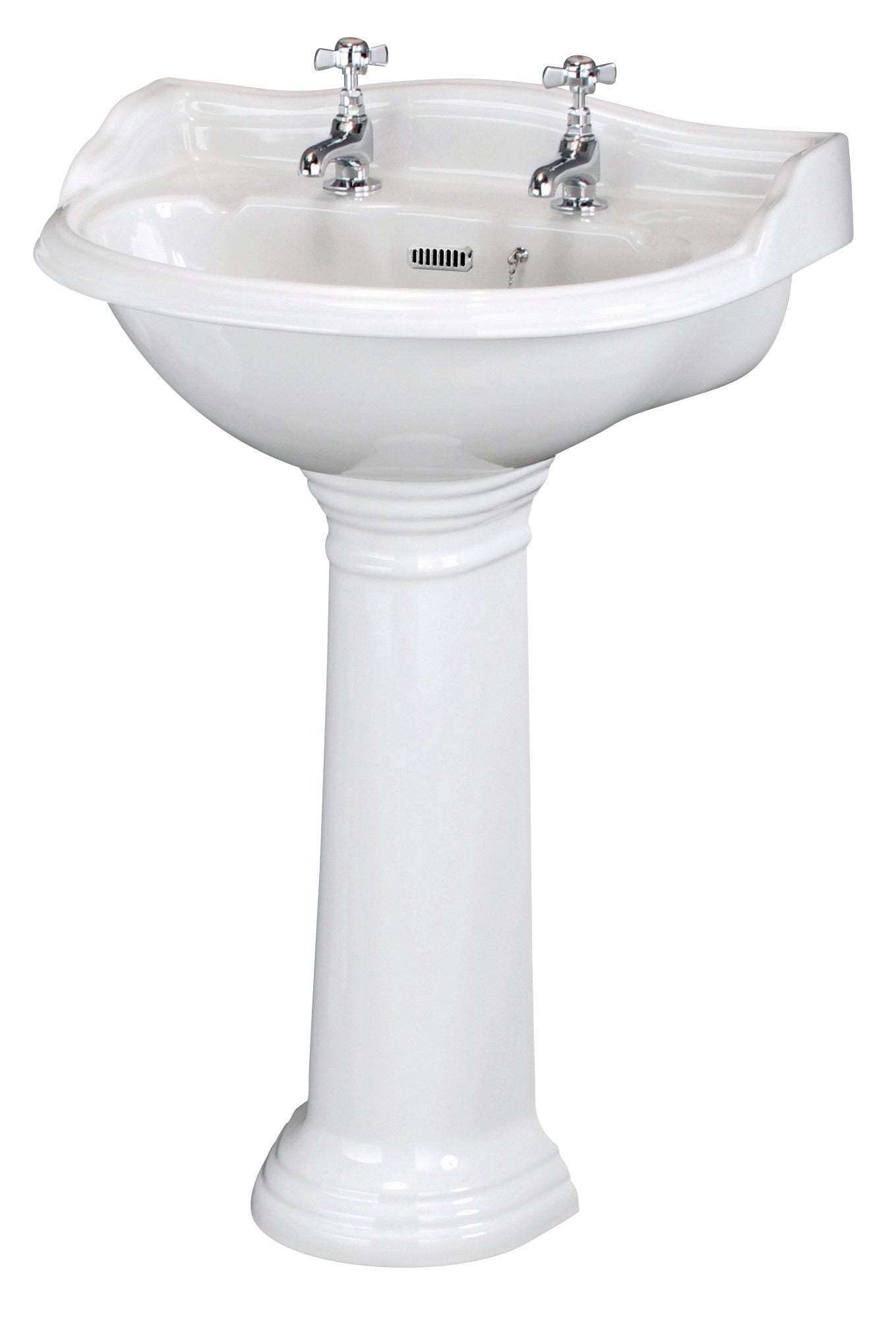 Traditional white bathroom washbasin with pedestal and chrome taps, suitable for classic or vintage bathroom designs. Ideal for bathroom sinks and sanitary installations.
